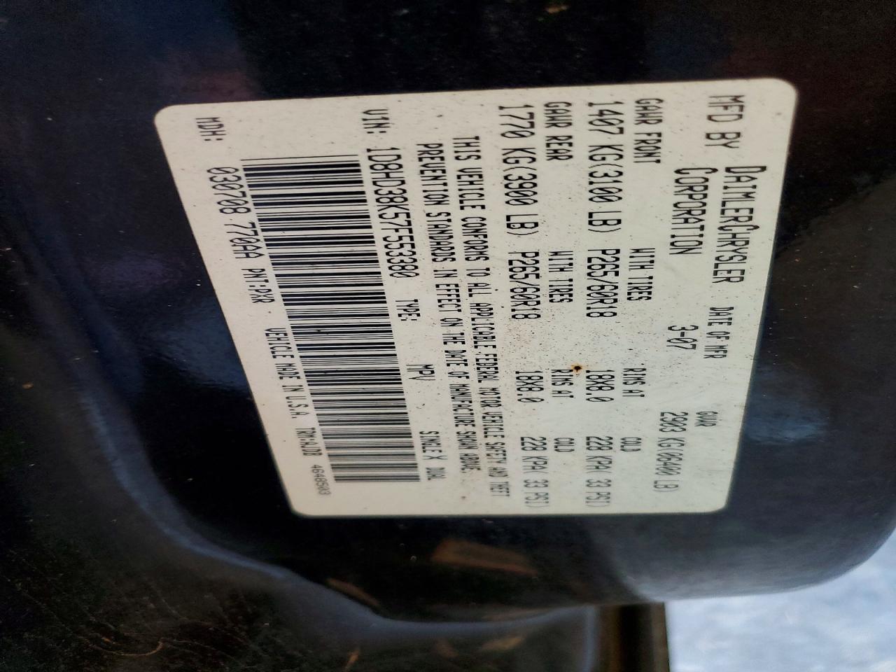 2007 Dodge Durango Sxt Black vin: 1D8HD38K57F553380