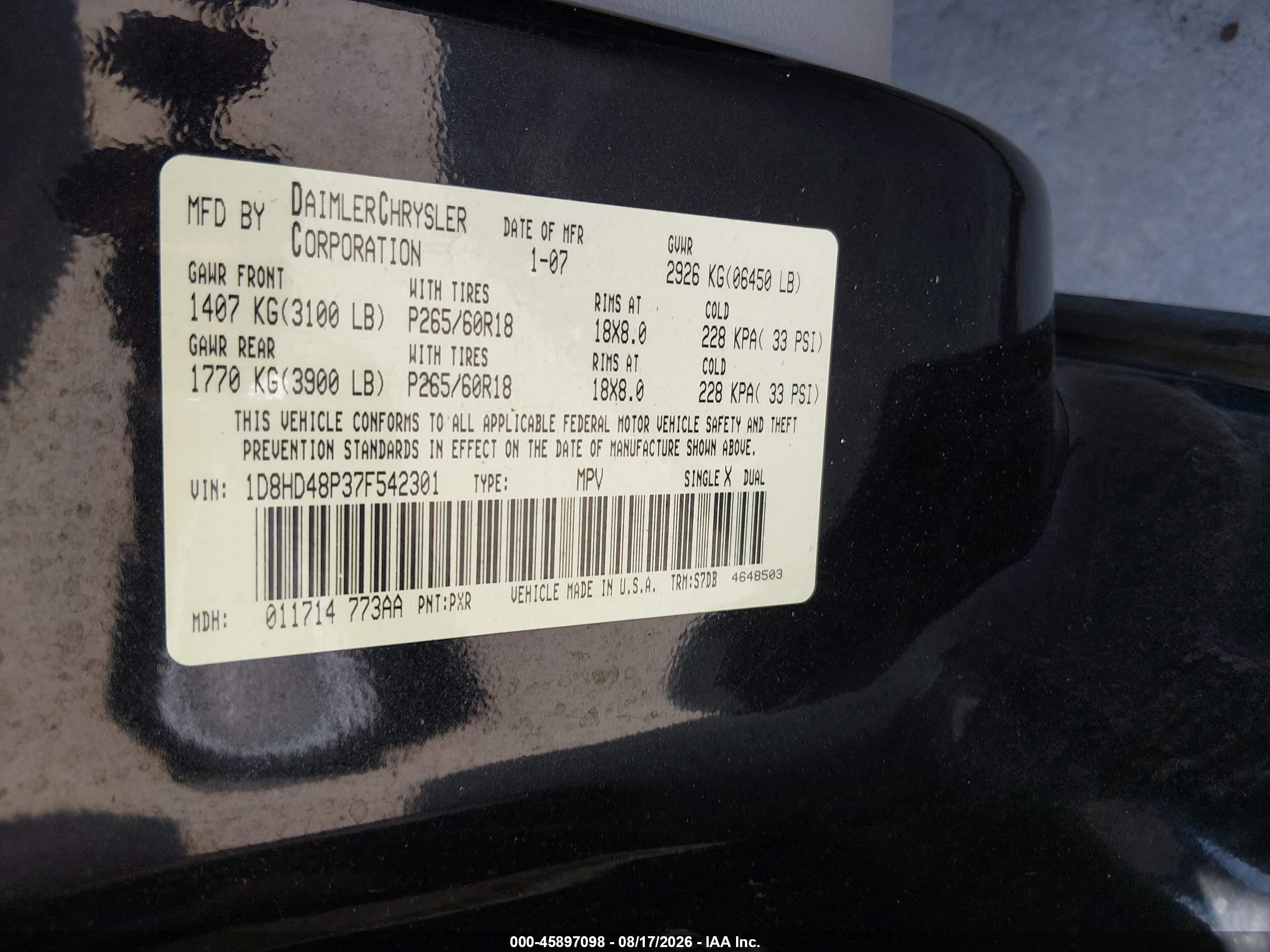 2007 Dodge Durango Slt Black vin: 1D8HD48P37F542301