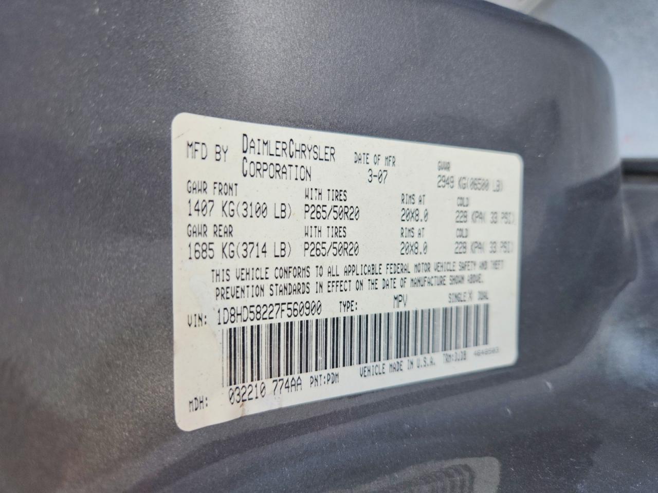 2007 Dodge Durango Limited Gray vin: 1D8HD58227F560900
