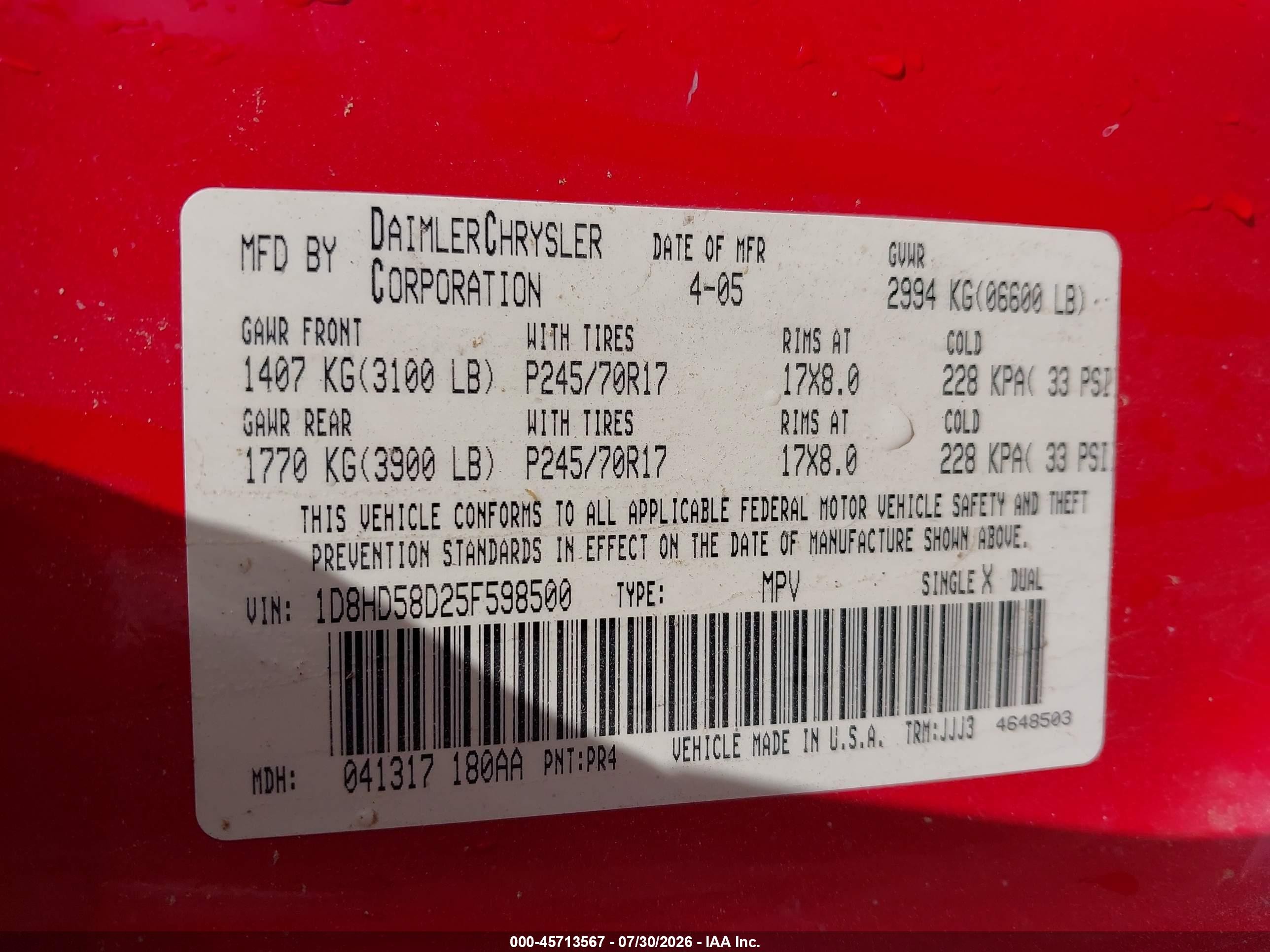 2005 Dodge Durango Limited Red vin: 1D8HD58D25F598500