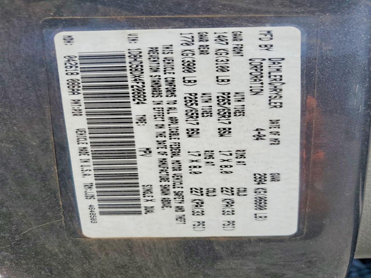 2004 Dodge Durango Limited Gray vin: 1D8HD58DX4F208824