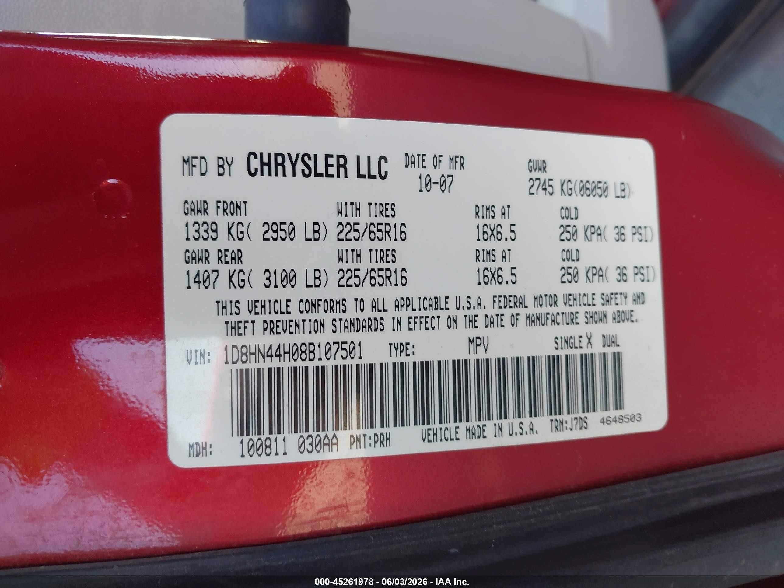 2008 Dodge Grand Caravan Se Red vin: 1D8HN44H08B107501