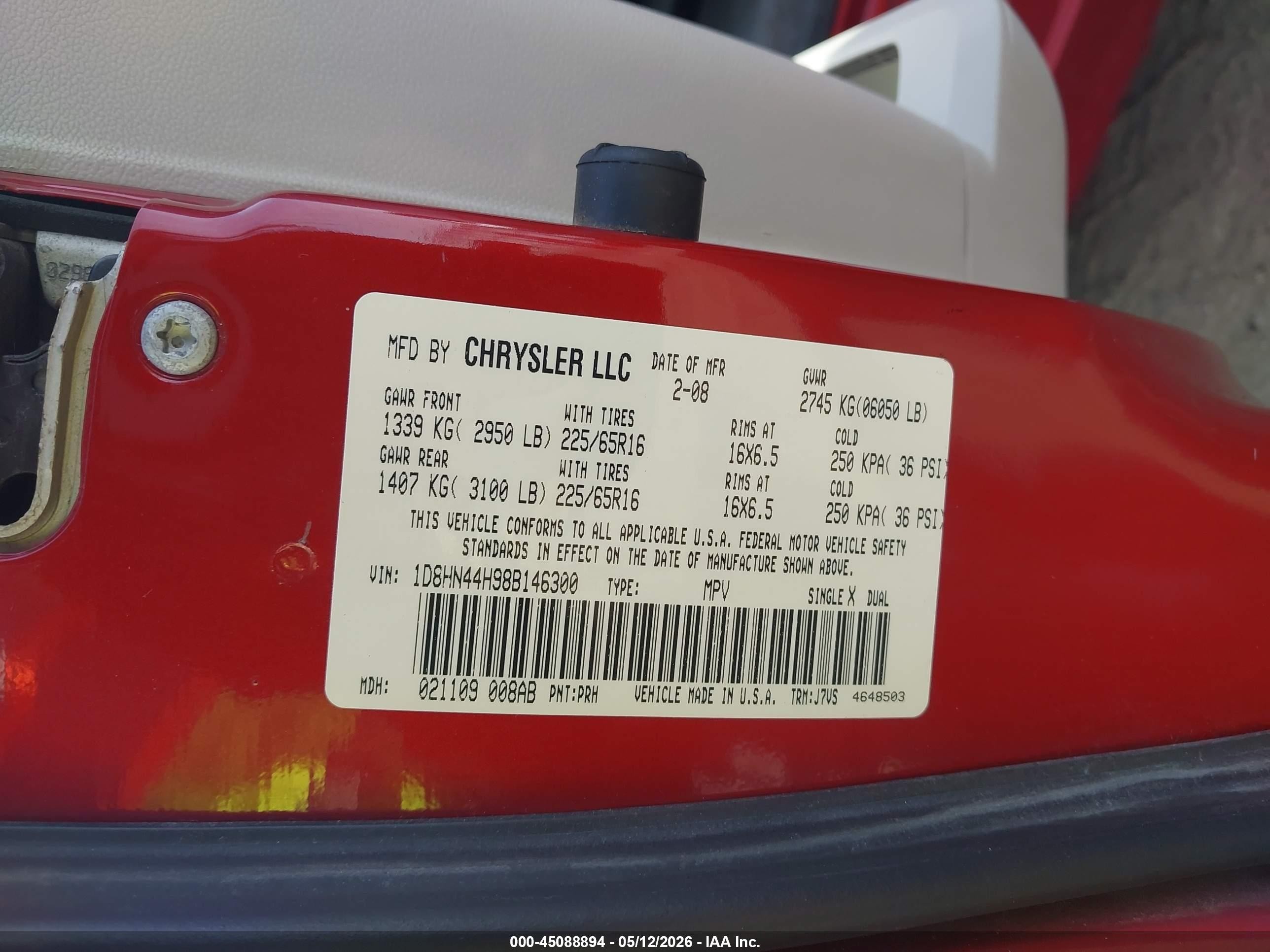2008 Dodge Grand Caravan Se Red vin: 1D8HN44H98B146300