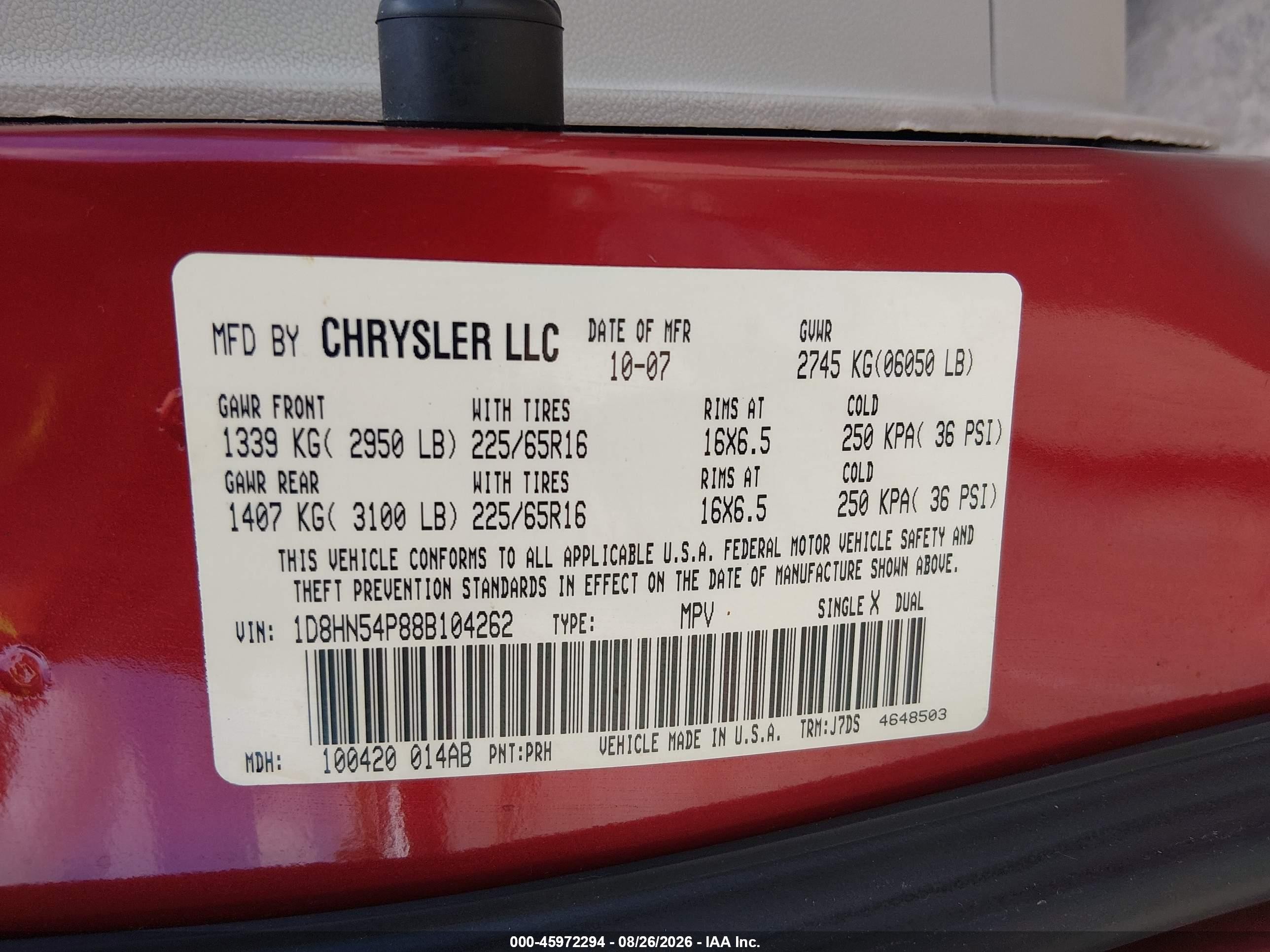 2008 Dodge Grand Caravan Sxt Red vin: 1D8HN54P88B104262