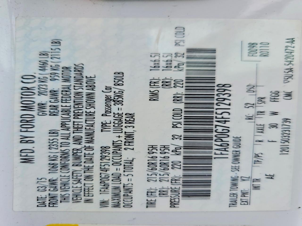 2015 Ford Fusion S White vin: 1FA6P0G74F5129398
