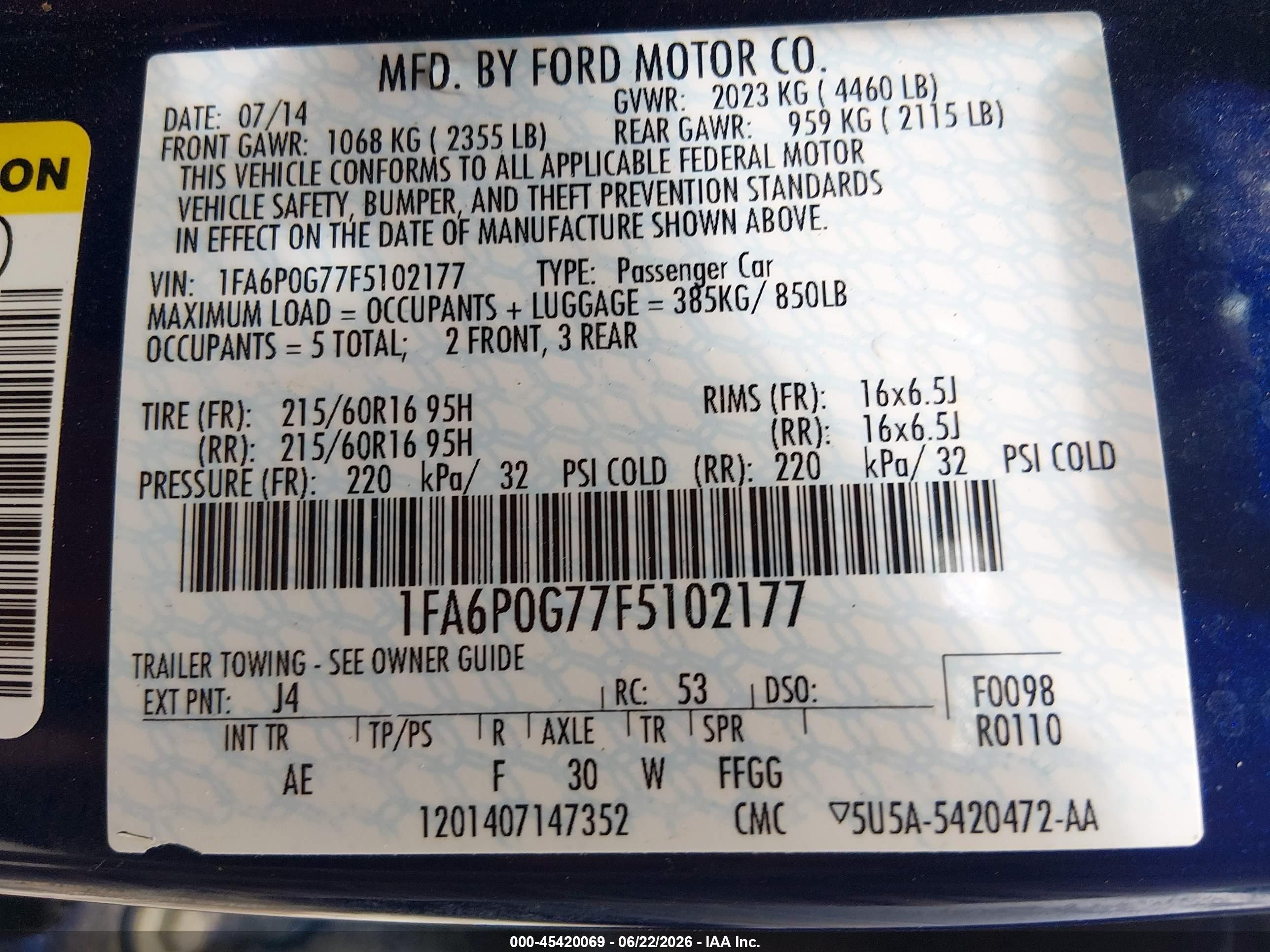 2015 Ford Fusion S Синий vin: 1FA6P0G77F5102177