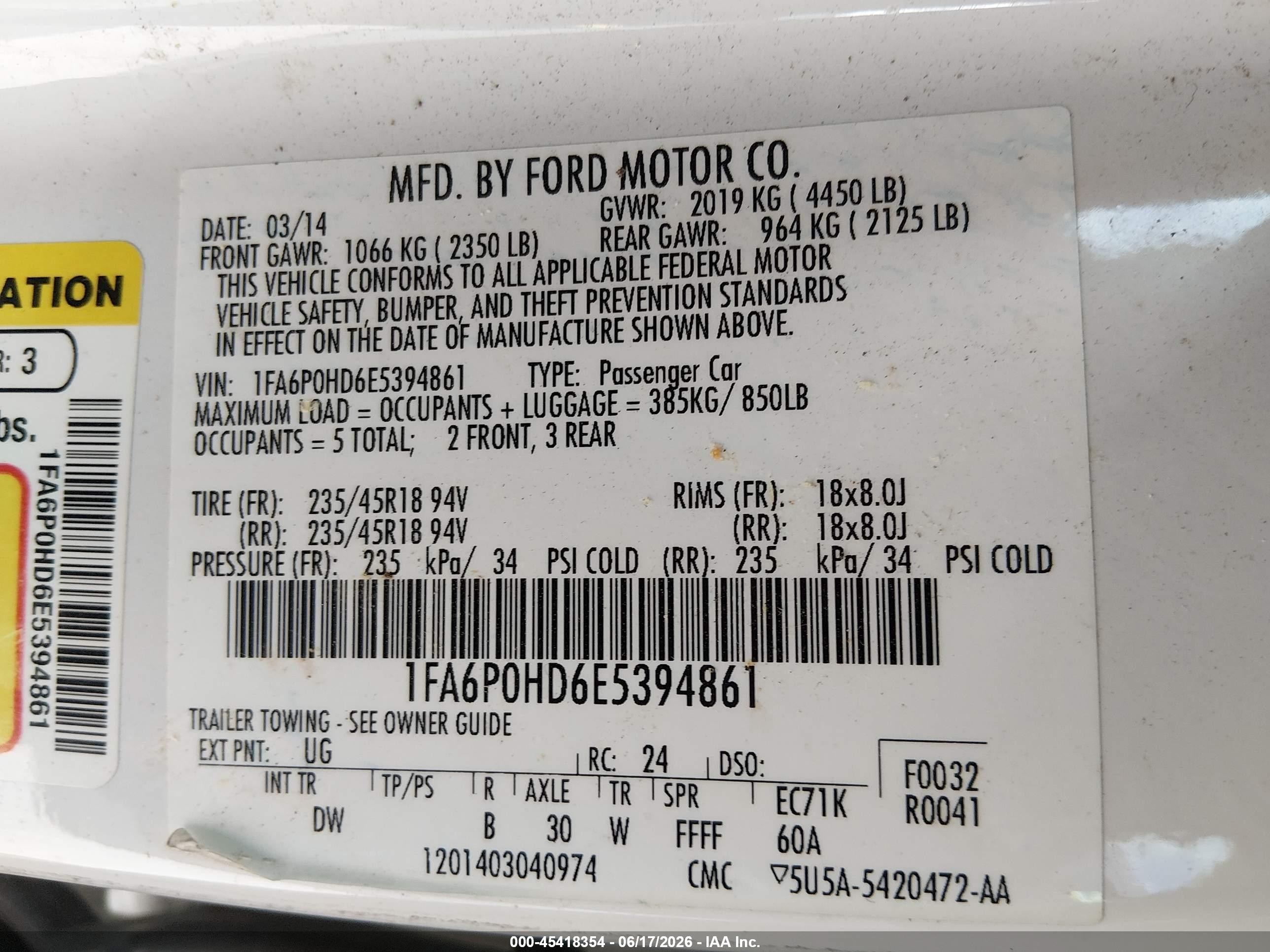 2014 Ford Fusion Se White vin: 1FA6P0HD6E5394861