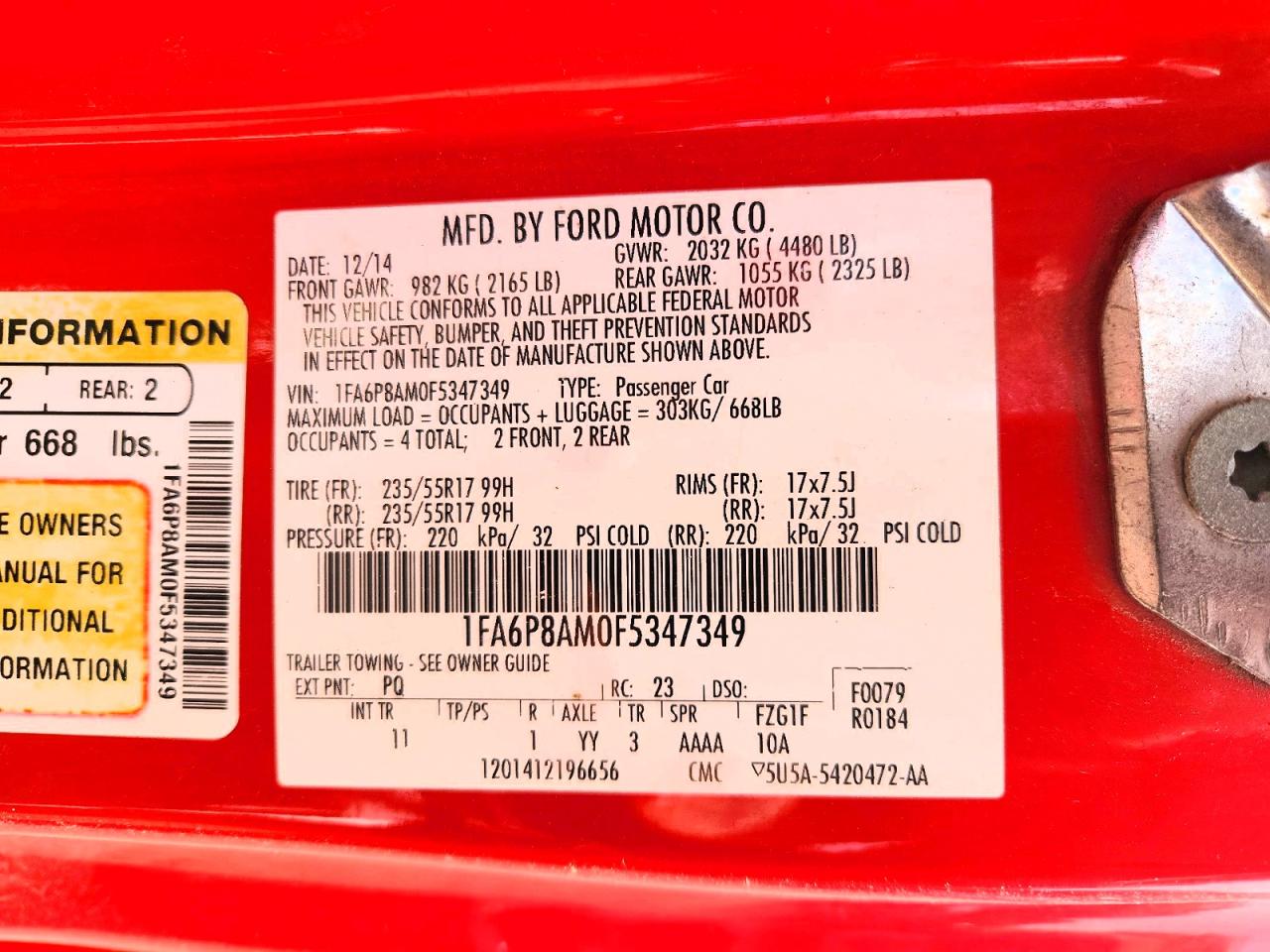 2015 Ford Mustang Red vin: 1FA6P8AM0F5347349