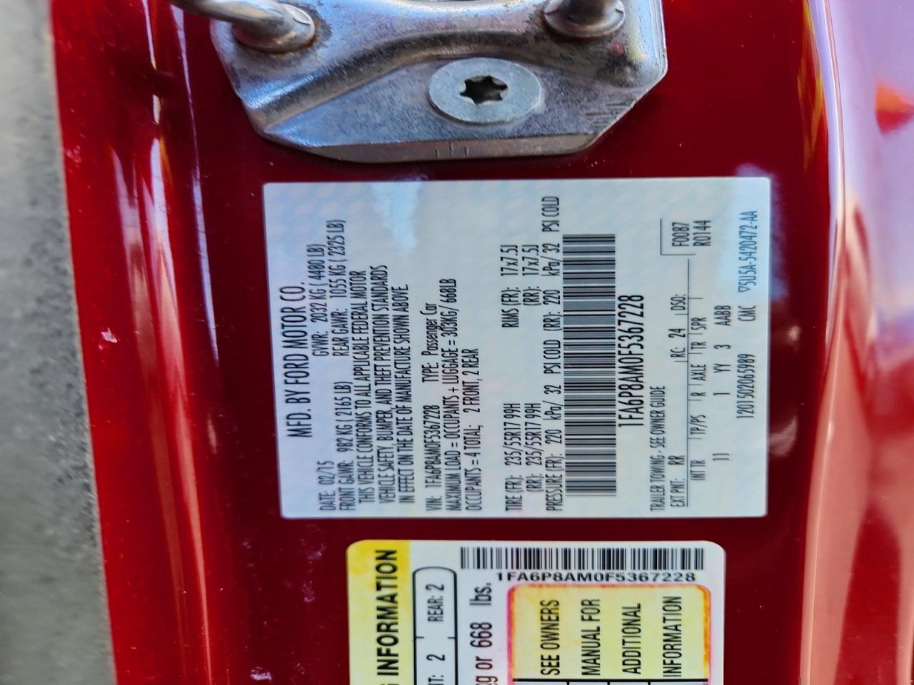2015 Ford Mustang Red vin: 1FA6P8AM0F5367228