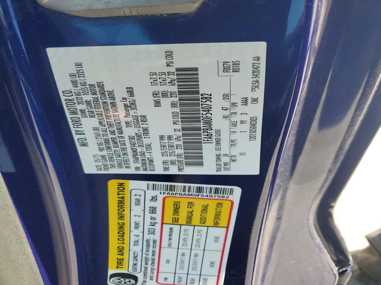 2015 Ford Mustang Blue vin: 1FA6P8AM0F5407582