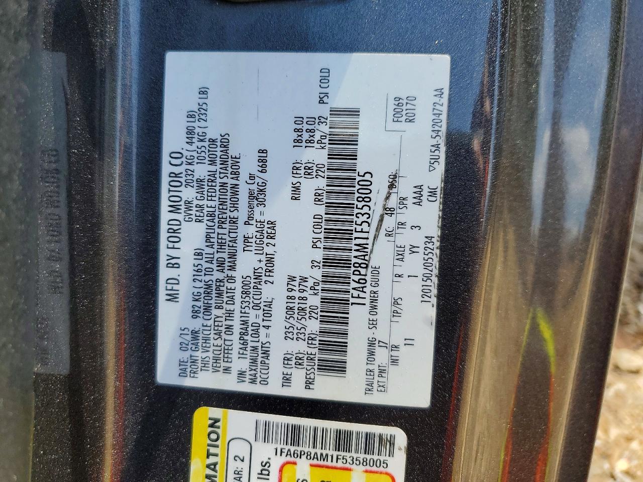 2015 Ford Mustang Gray vin: 1FA6P8AM1F5358005