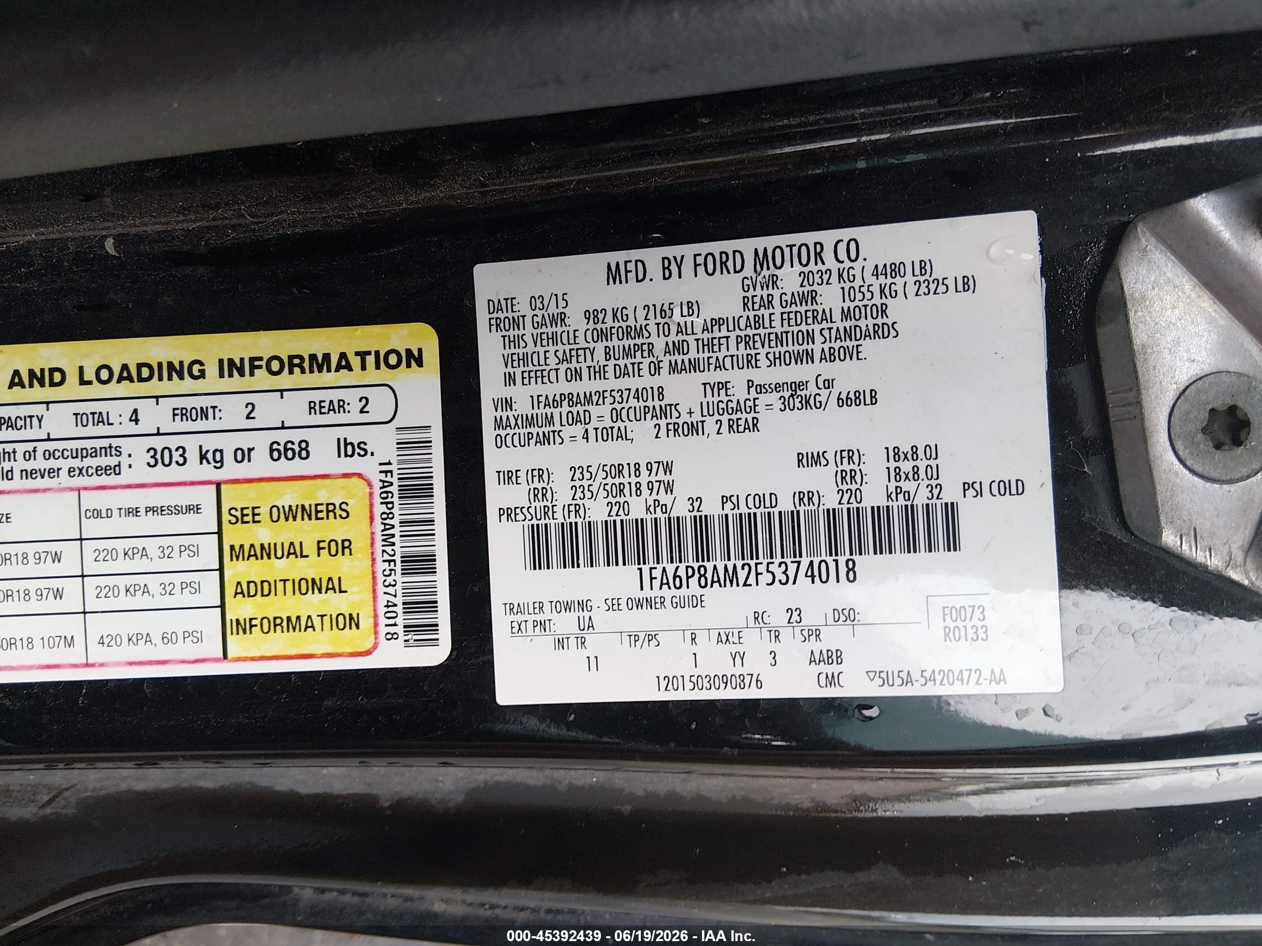 2015 Ford Mustang V6 Black vin: 1FA6P8AM2F5374018