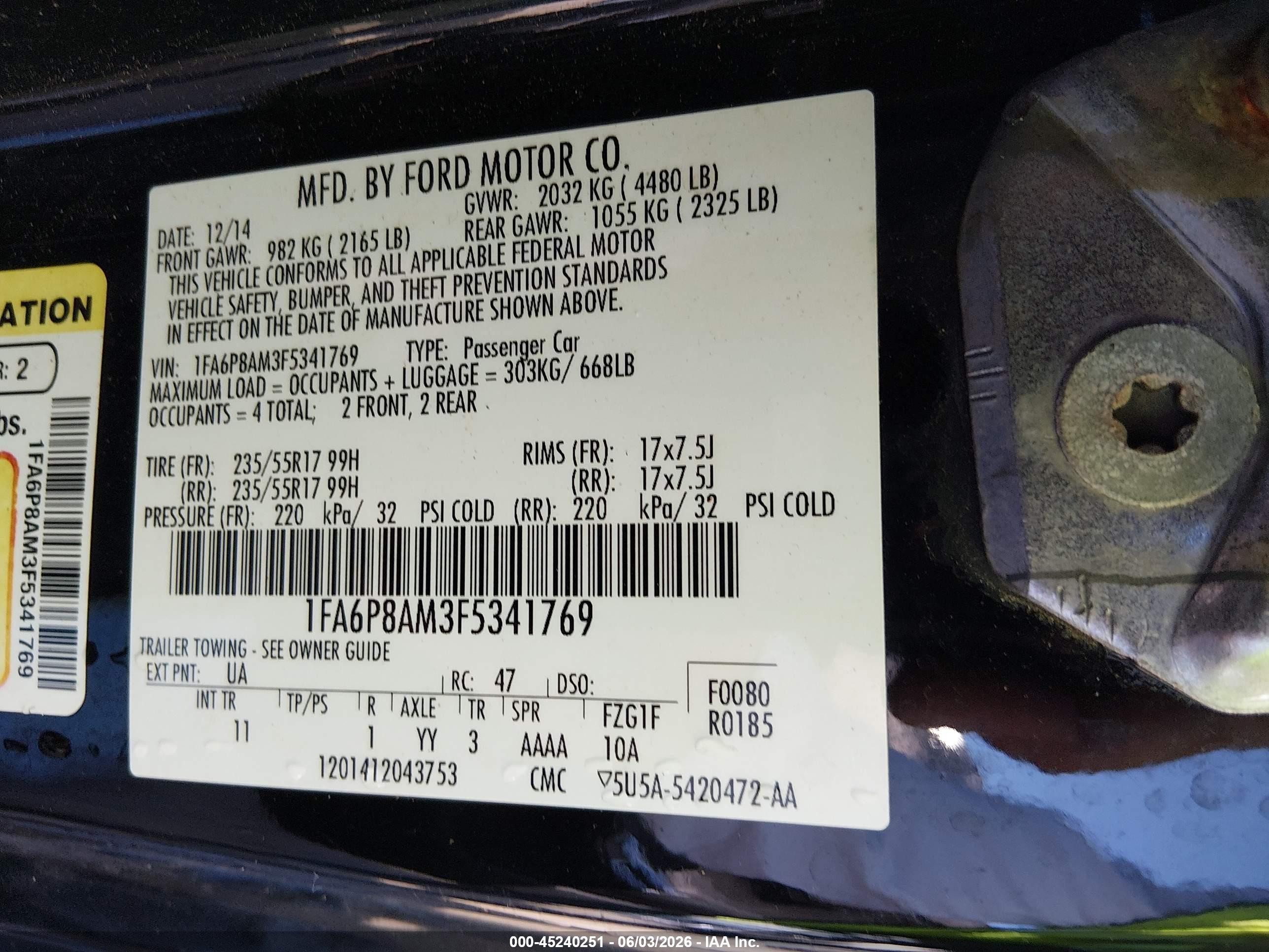 2015 Ford Mustang V6 Black vin: 1FA6P8AM3F5341769