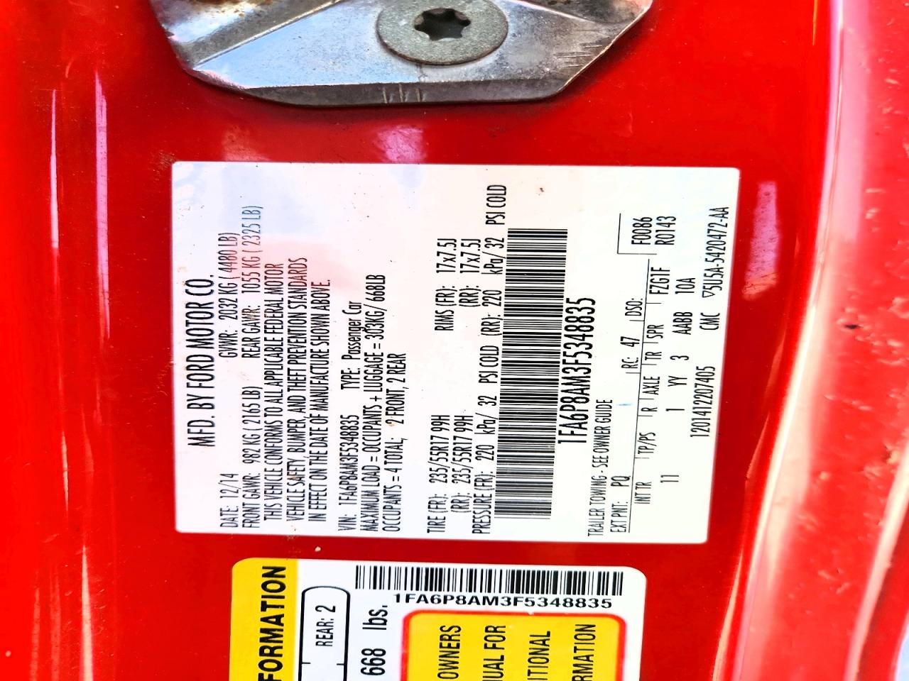 2015 Ford Mustang Red vin: 1FA6P8AM3F5348835