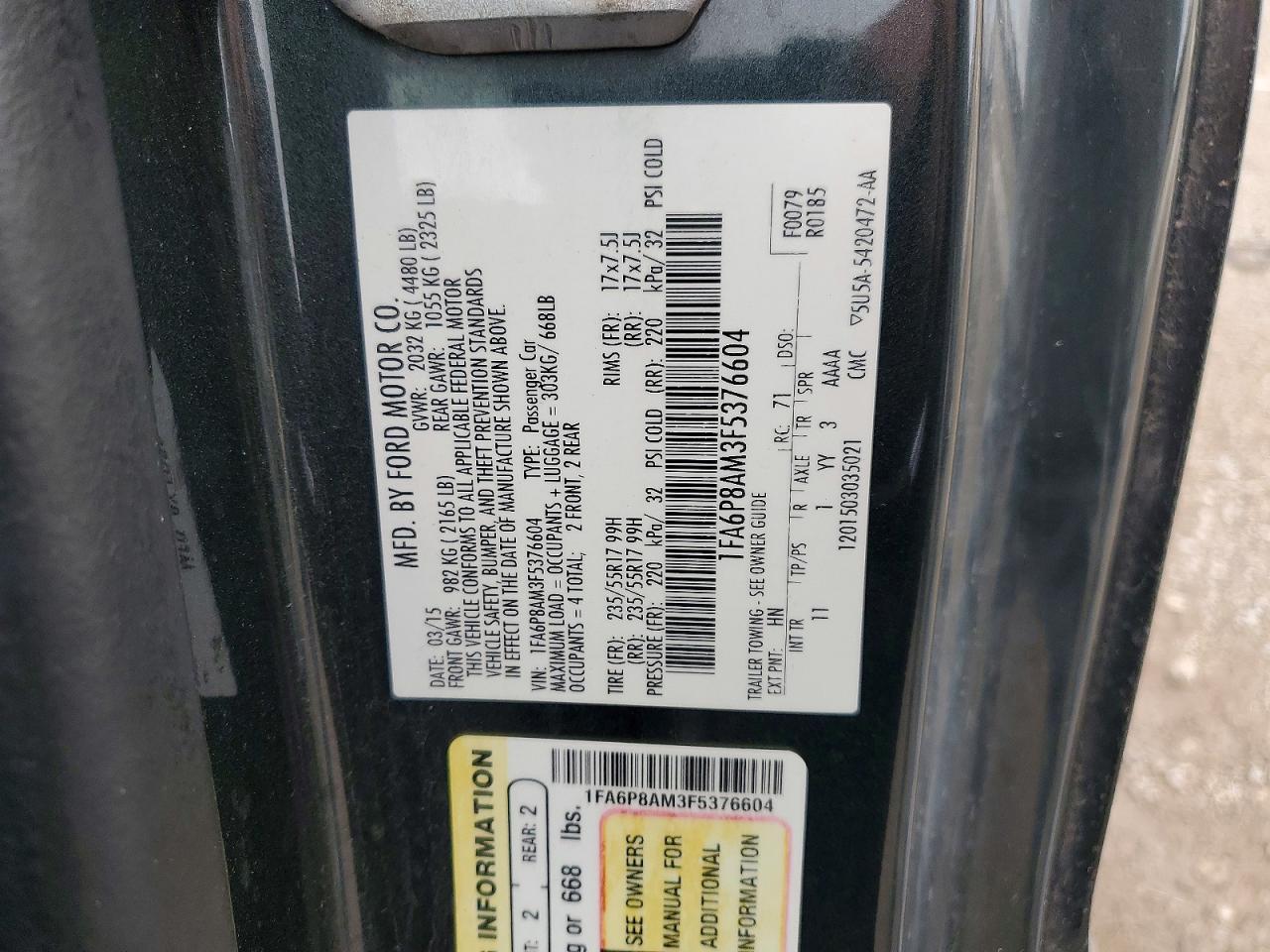 2015 Ford Mustang Gray vin: 1FA6P8AM3F5376604
