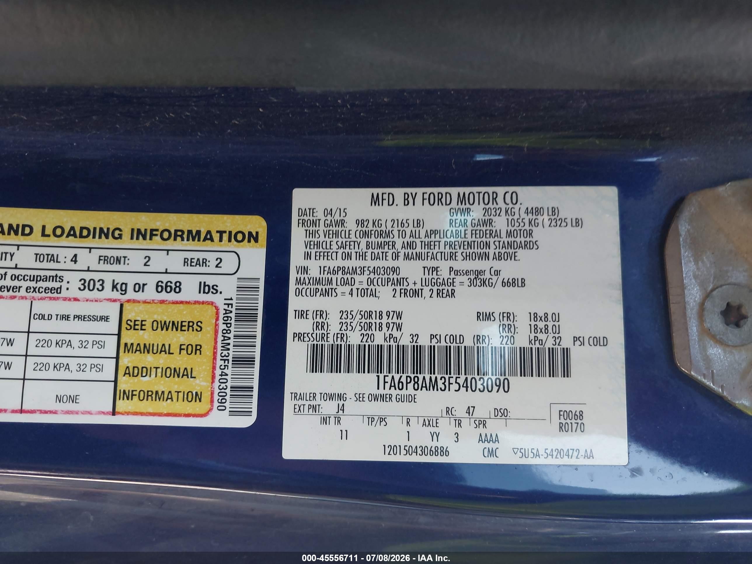 2015 Ford Mustang V6 Blue vin: 1FA6P8AM3F5403090