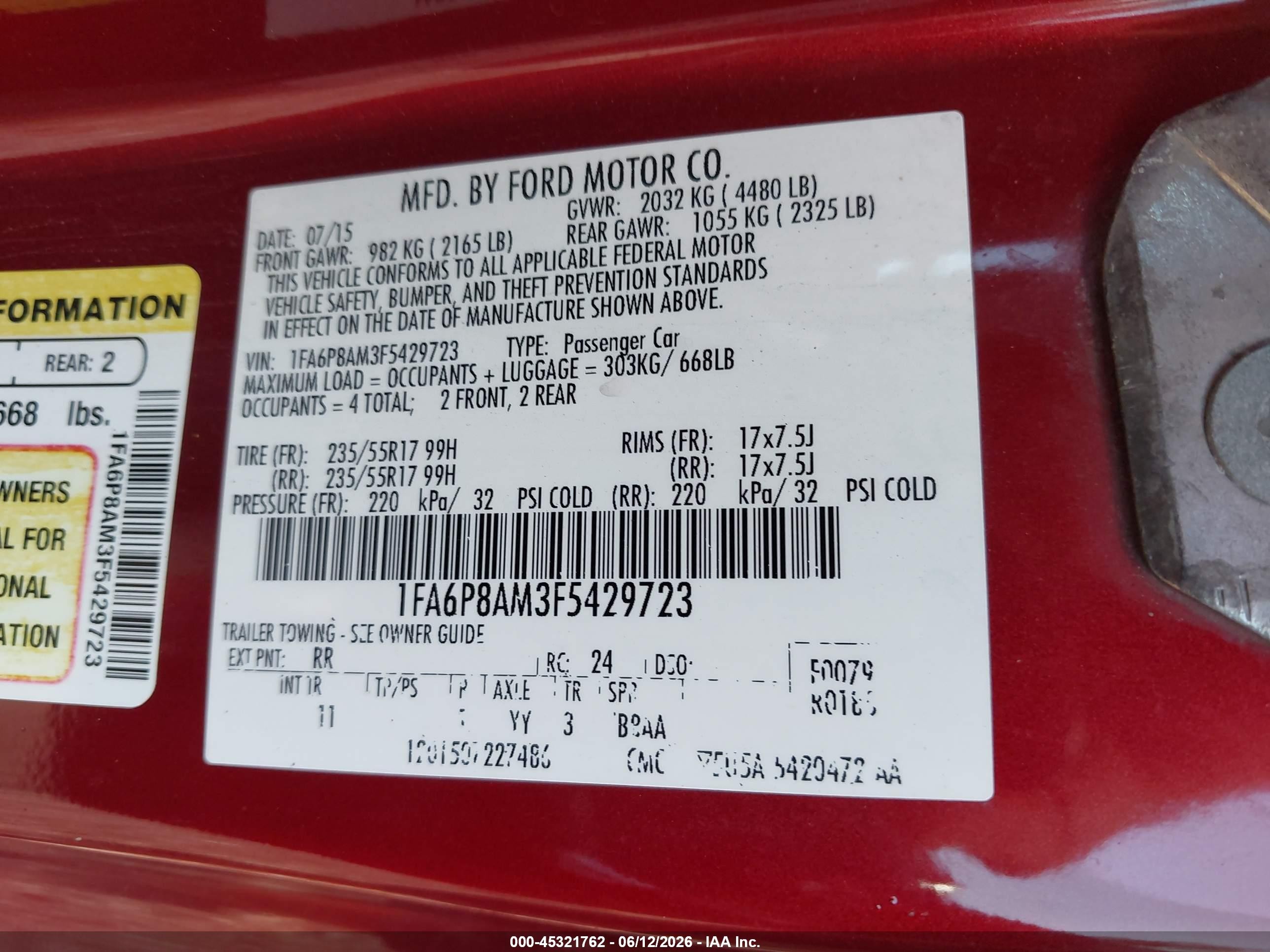 2015 Ford Mustang V6 Красный vin: 1FA6P8AM3F5429723