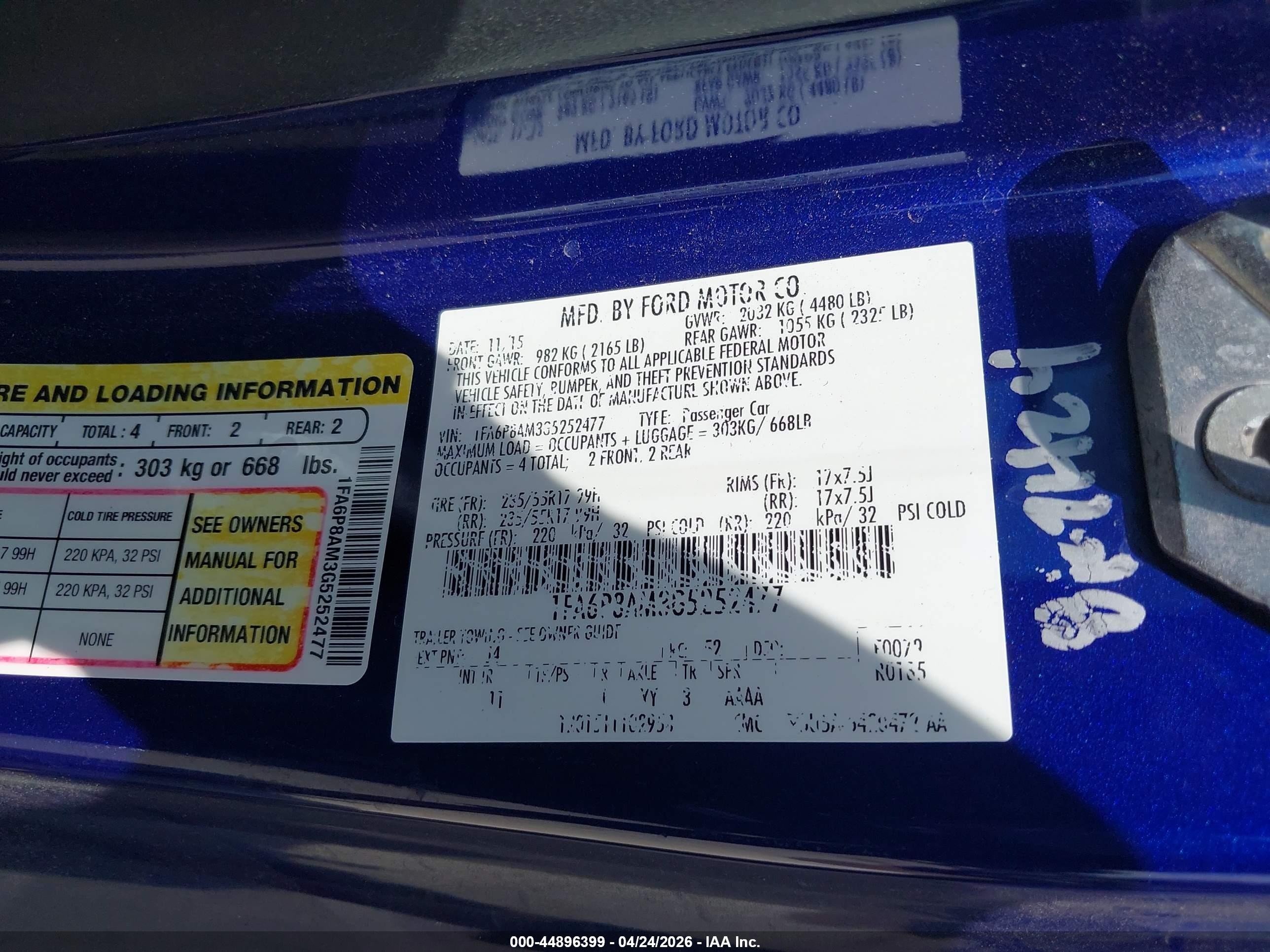 2016 Ford Mustang V6 Blue vin: 1FA6P8AM3G5252477