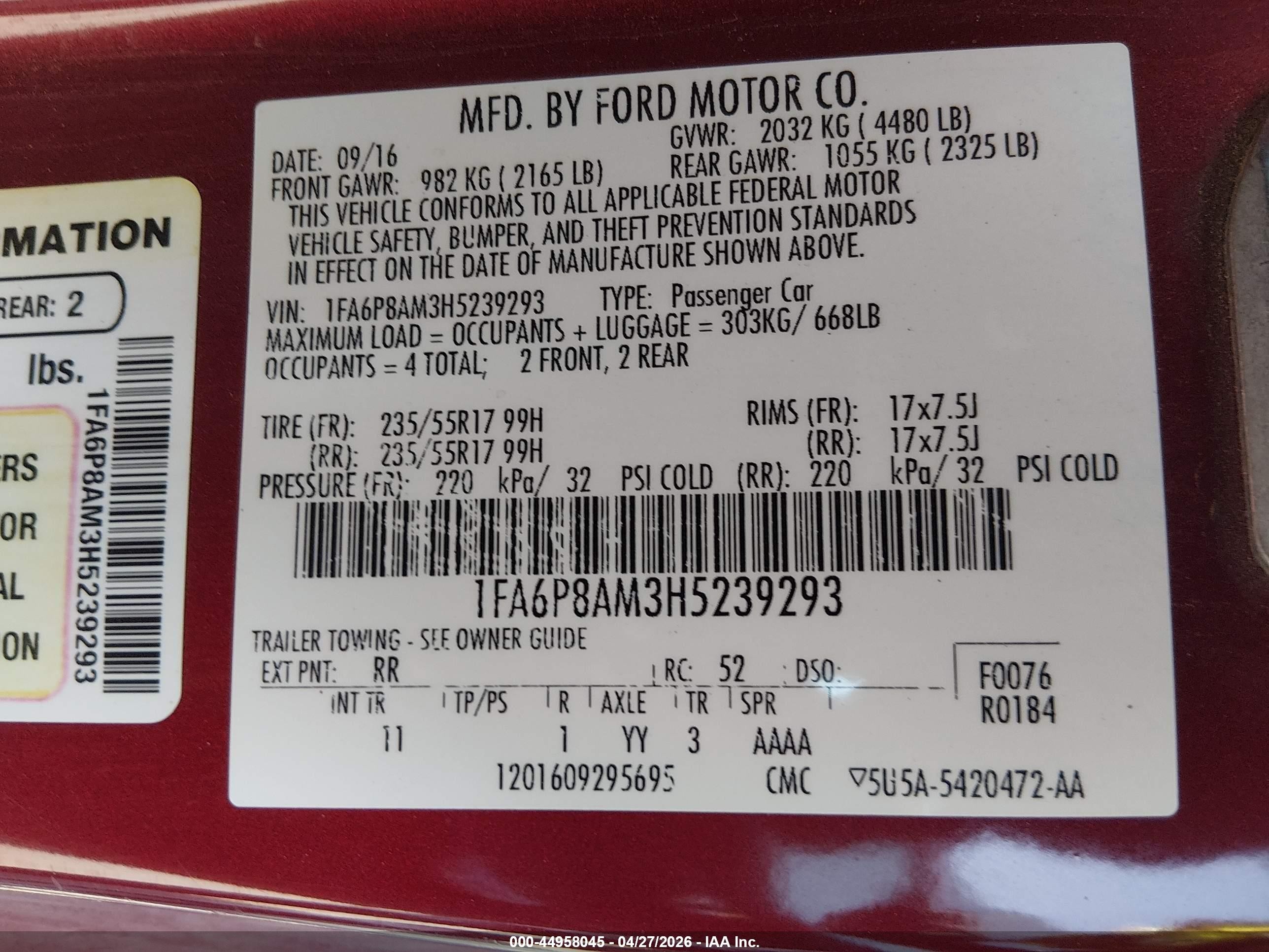 2017 Ford Mustang V6 Red vin: 1FA6P8AM3H5239293
