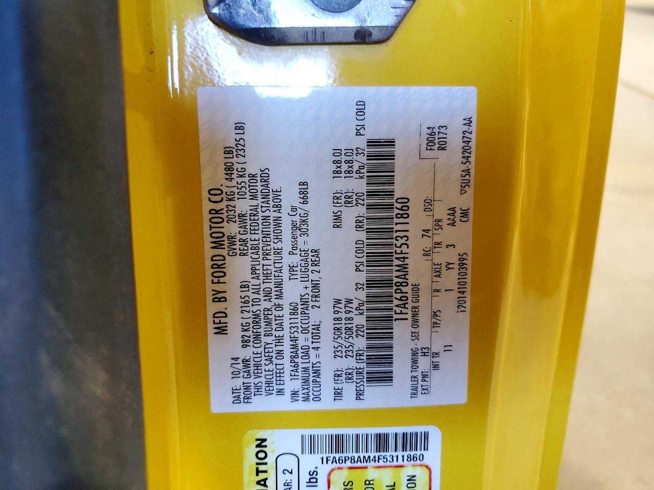 2015 Ford Mustang Yellow vin: 1FA6P8AM4F5311860
