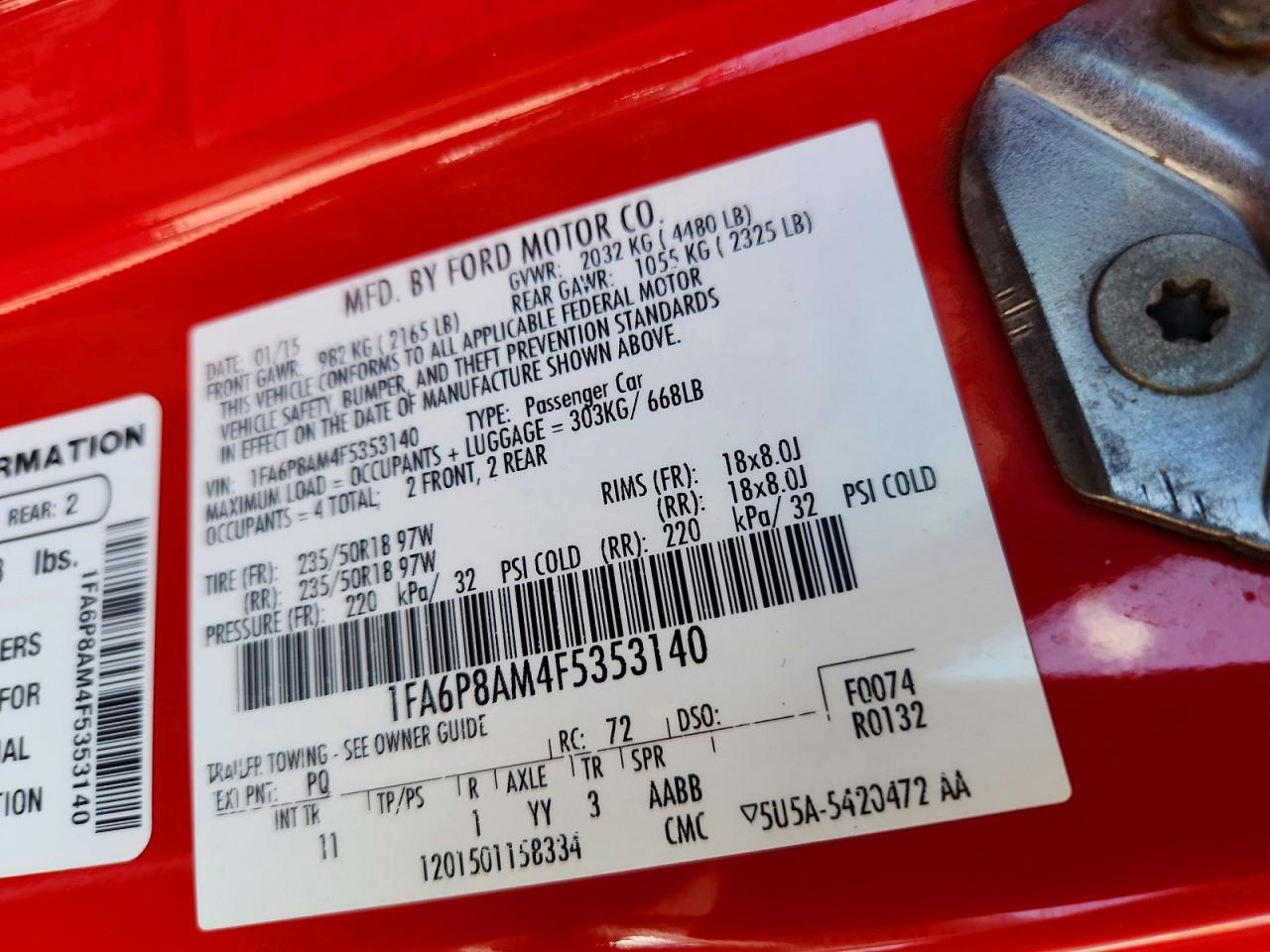 2015 Ford Mustang Red vin: 1FA6P8AM4F5353140