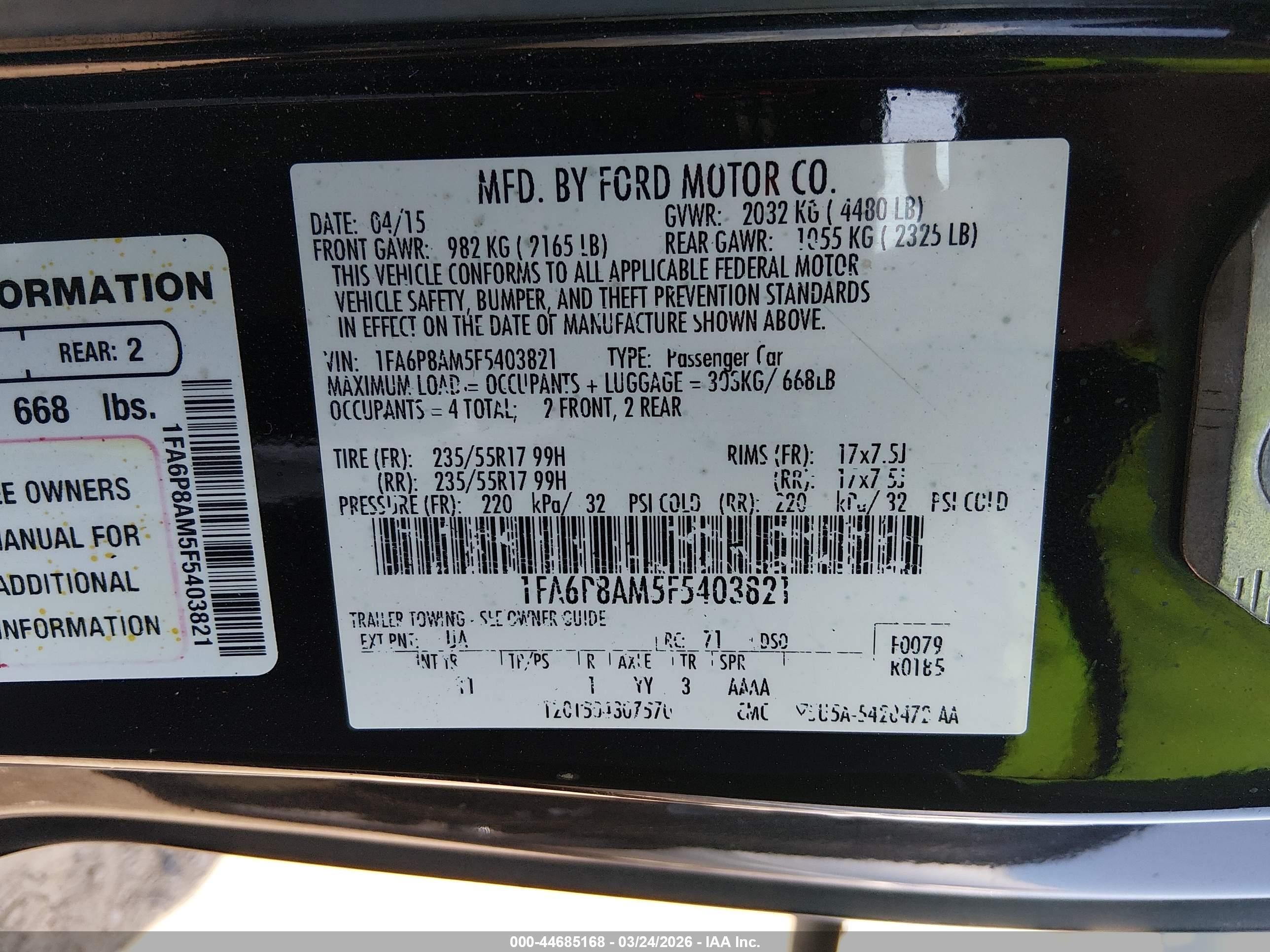 2015 Ford Mustang V6 Black vin: 1FA6P8AM5F5403821