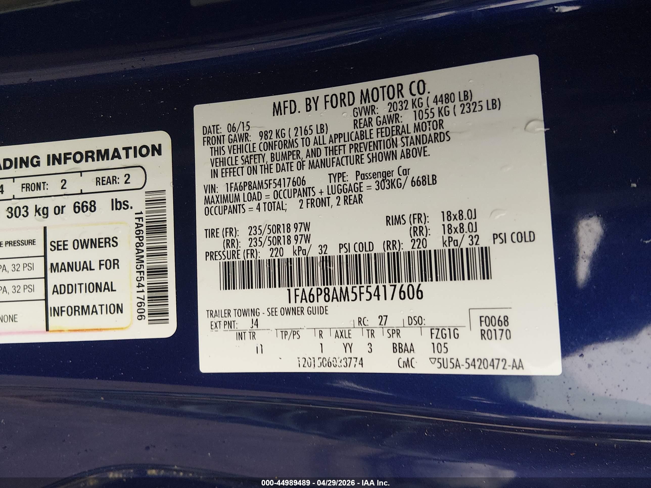 2015 Ford Mustang V6 Blue vin: 1FA6P8AM5F5417606