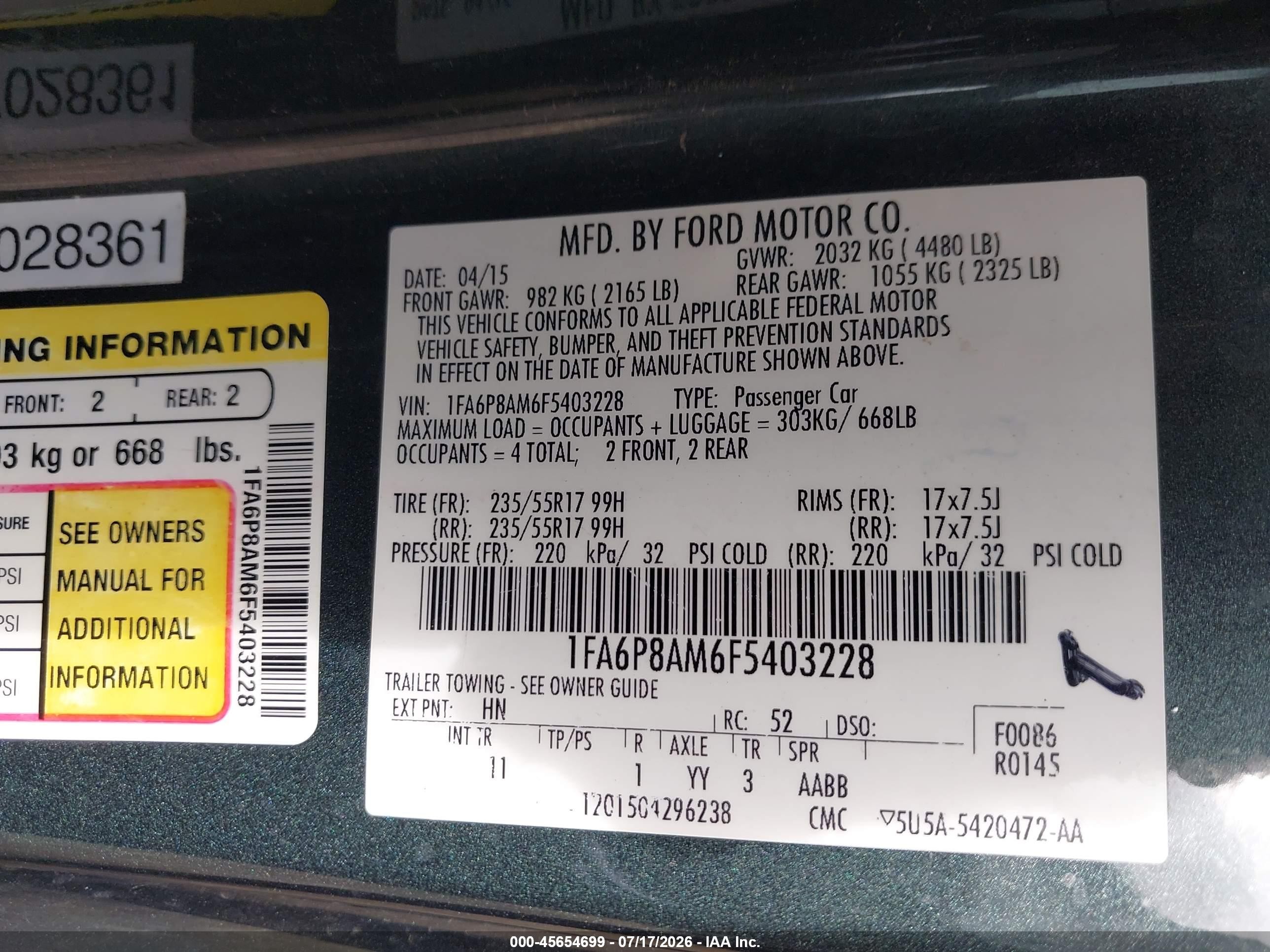 2015 Ford Mustang V6 Green vin: 1FA6P8AM6F5403228