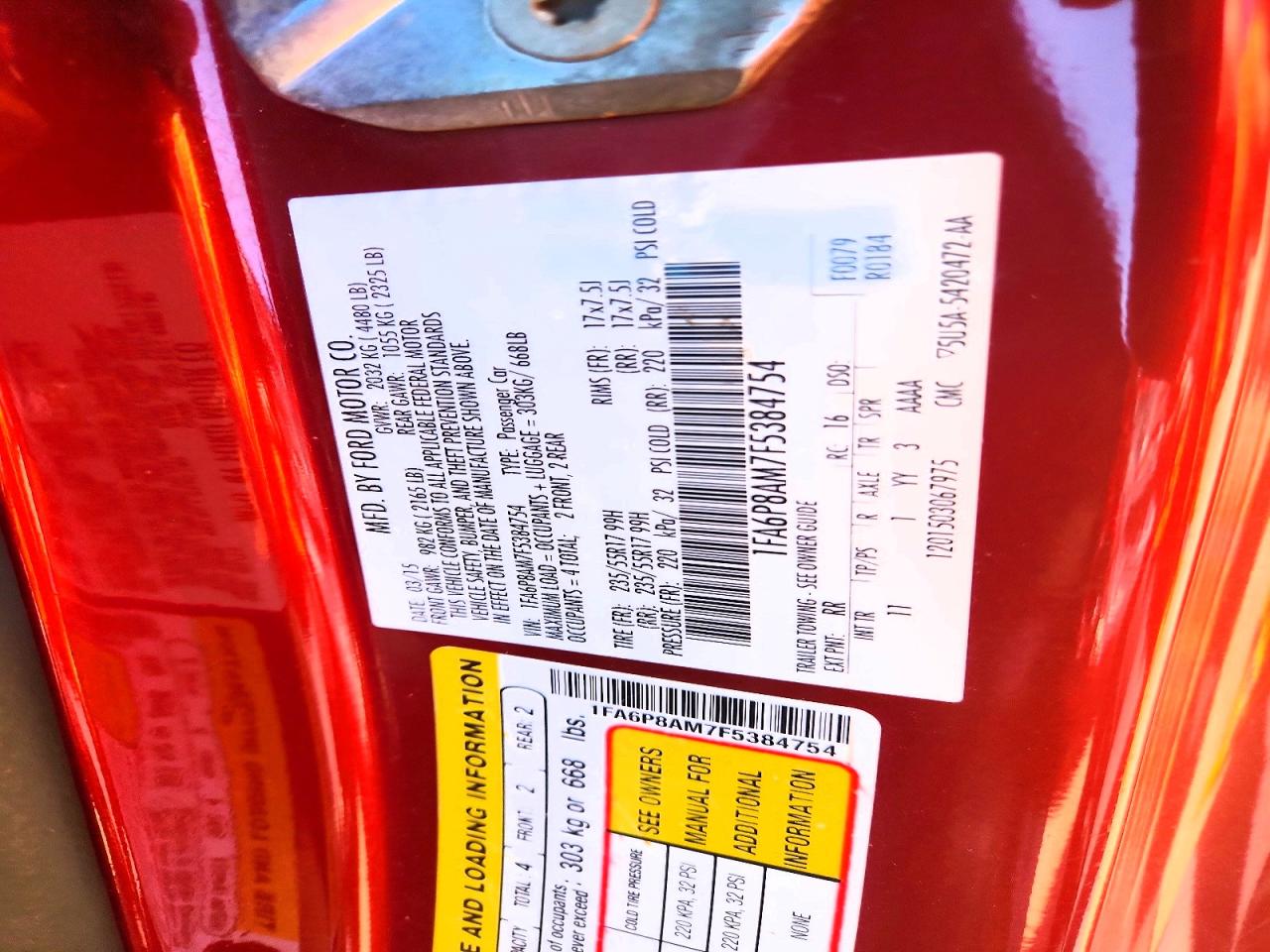 2015 Ford Mustang Red vin: 1FA6P8AM7F5384754