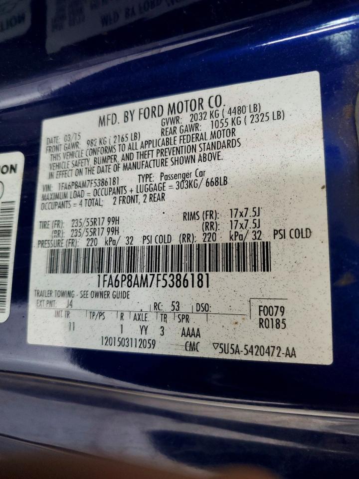2015 Ford Mustang Blue vin: 1FA6P8AM7F5386181