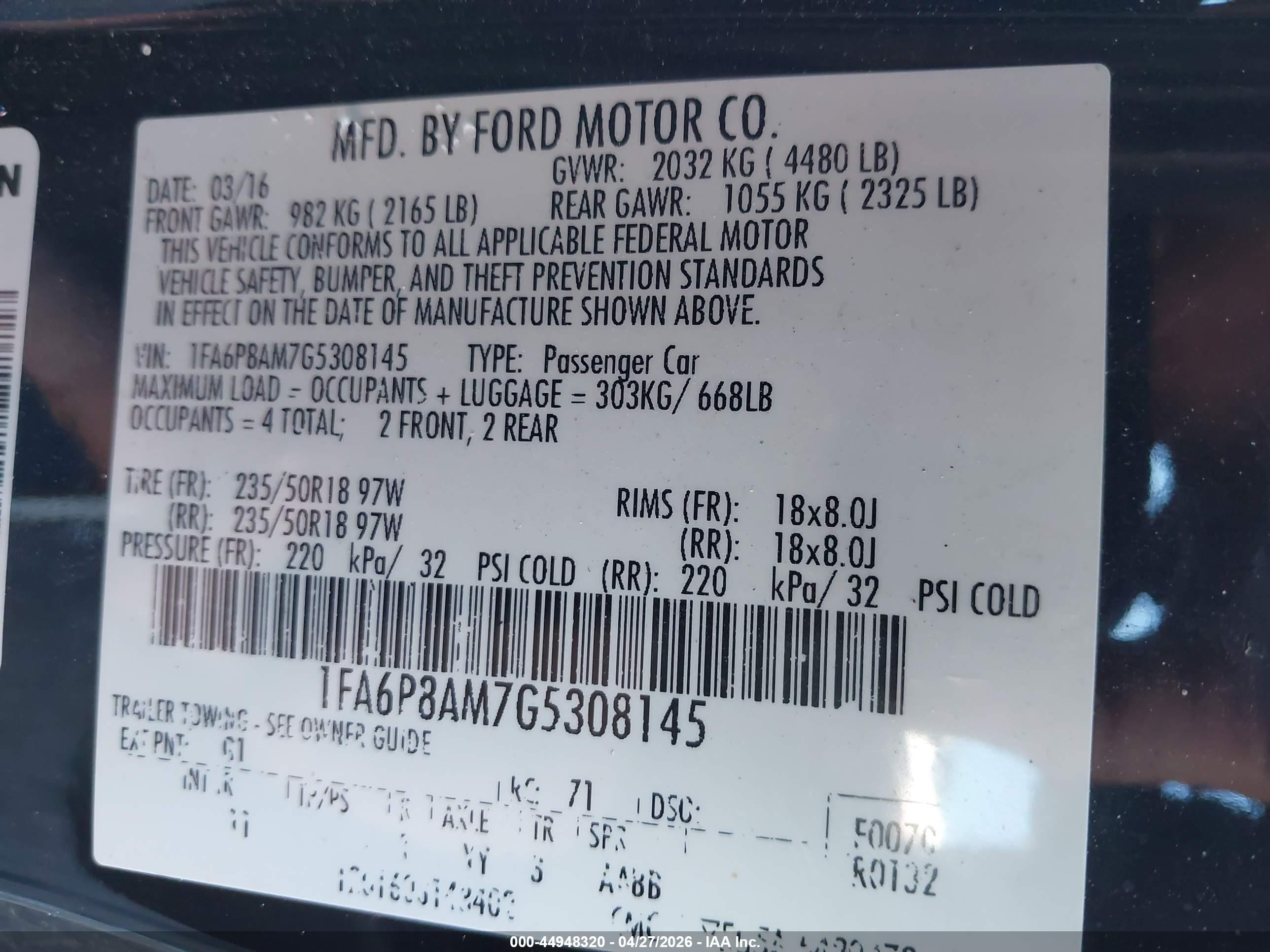 2016 Ford Mustang V6 Черный vin: 1FA6P8AM7G5308145