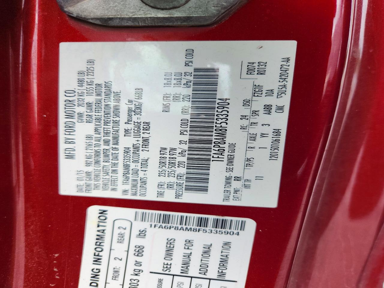 2015 Ford Mustang Maroon vin: 1FA6P8AM8F5335904