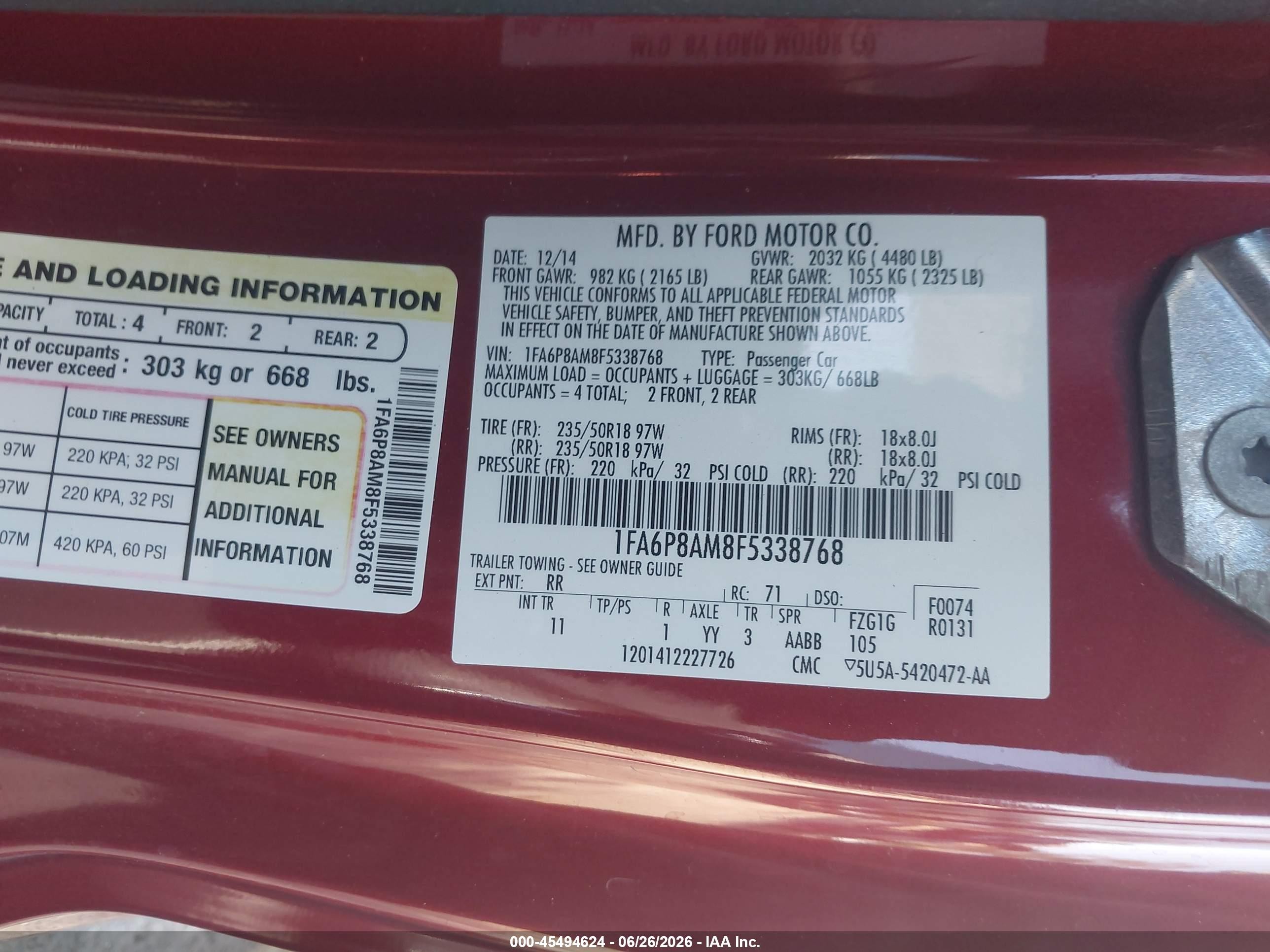 2015 Ford Mustang V6 Red vin: 1FA6P8AM8F5338768