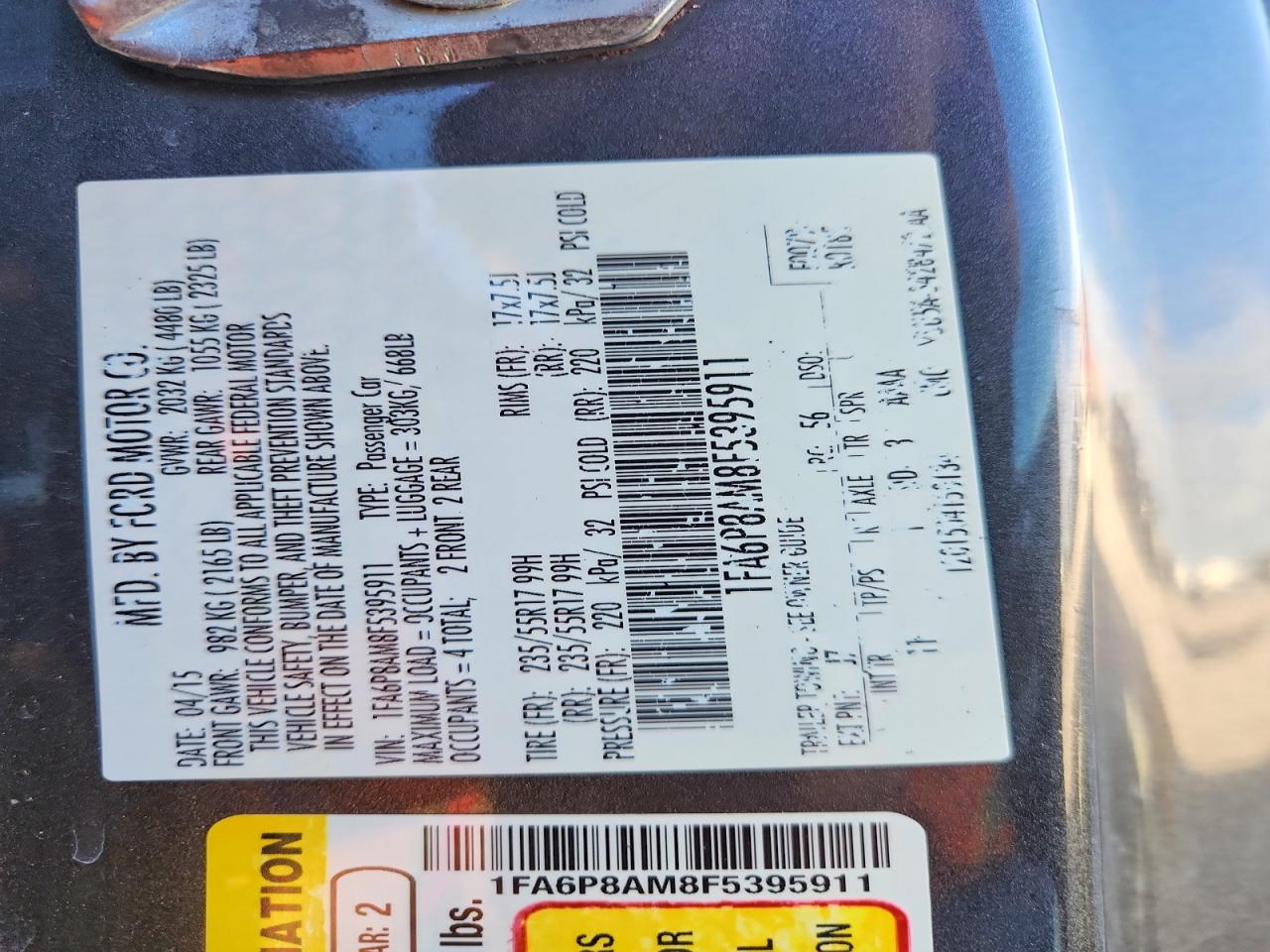 2015 Ford Mustang Серый vin: 1FA6P8AM8F5395911