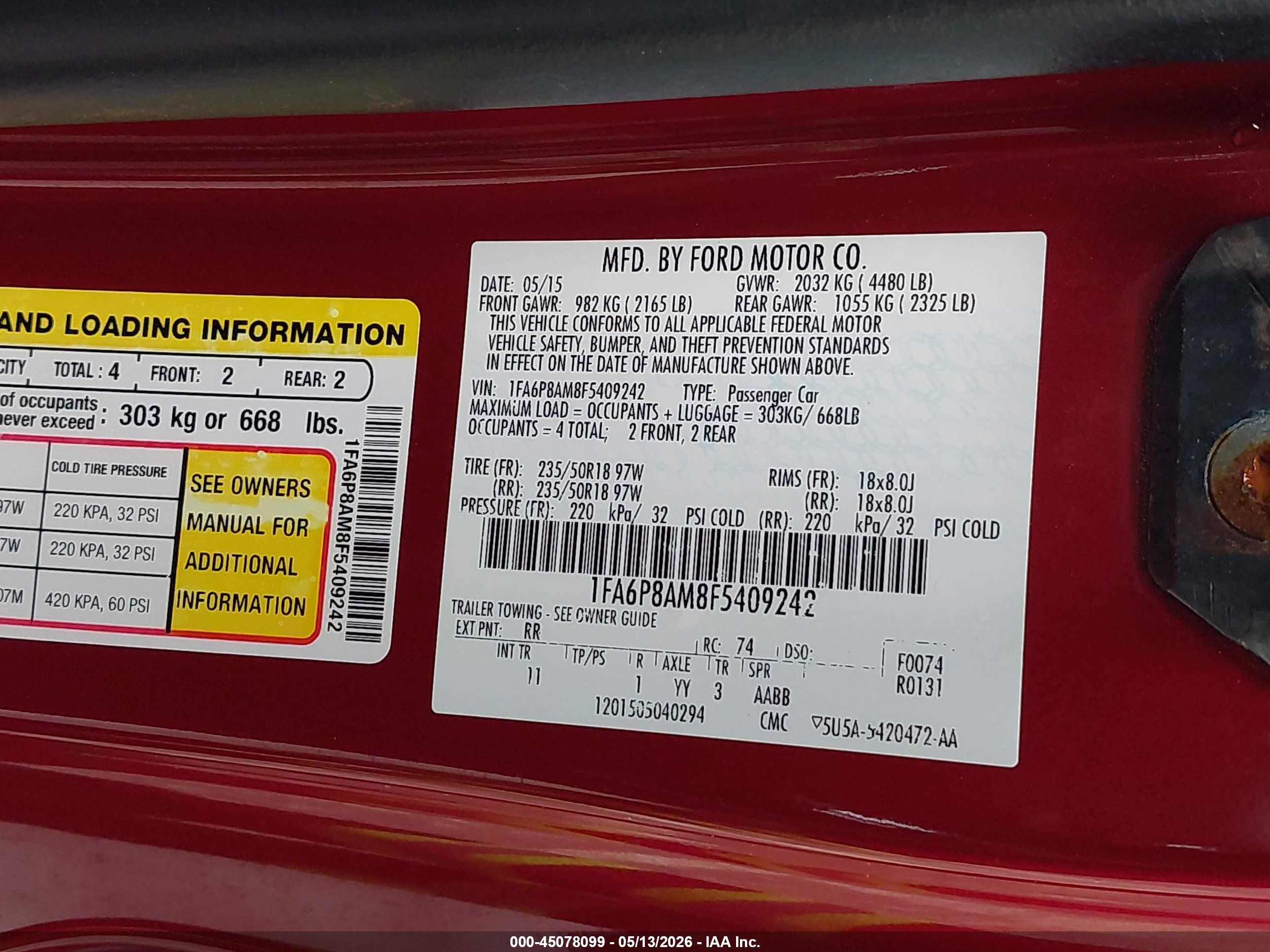2015 Ford Mustang V6 Красный vin: 1FA6P8AM8F5409242