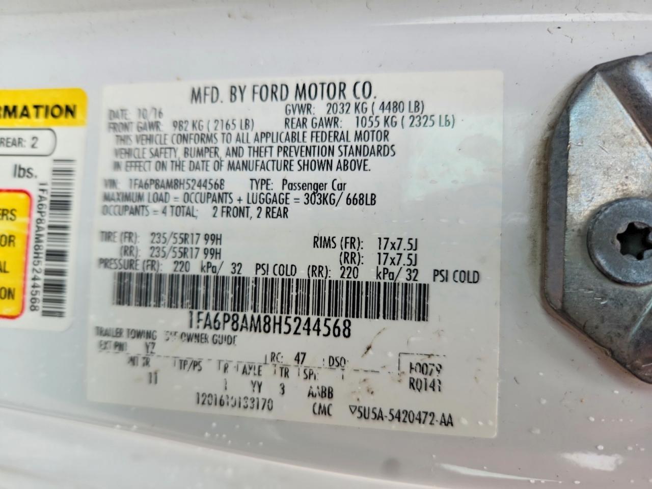 2017 Ford Mustang White vin: 1FA6P8AM8H5244568