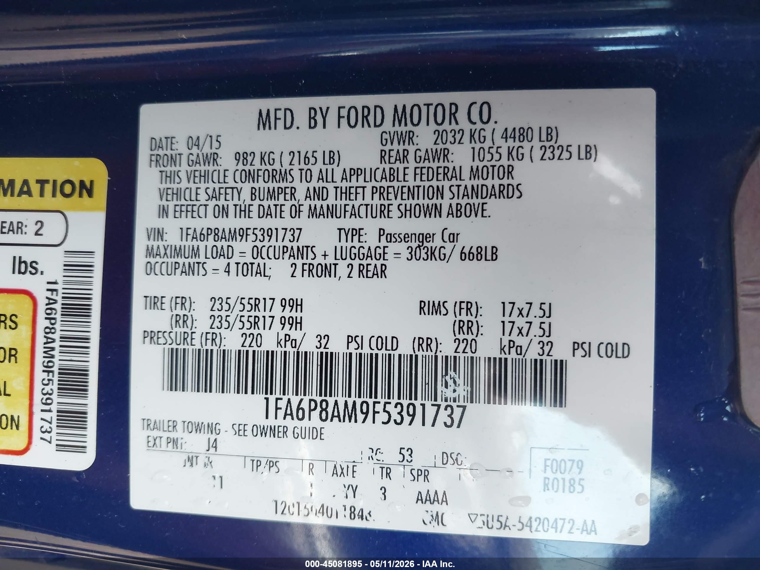 2015 Ford Mustang V6 Blue vin: 1FA6P8AM9F5391737