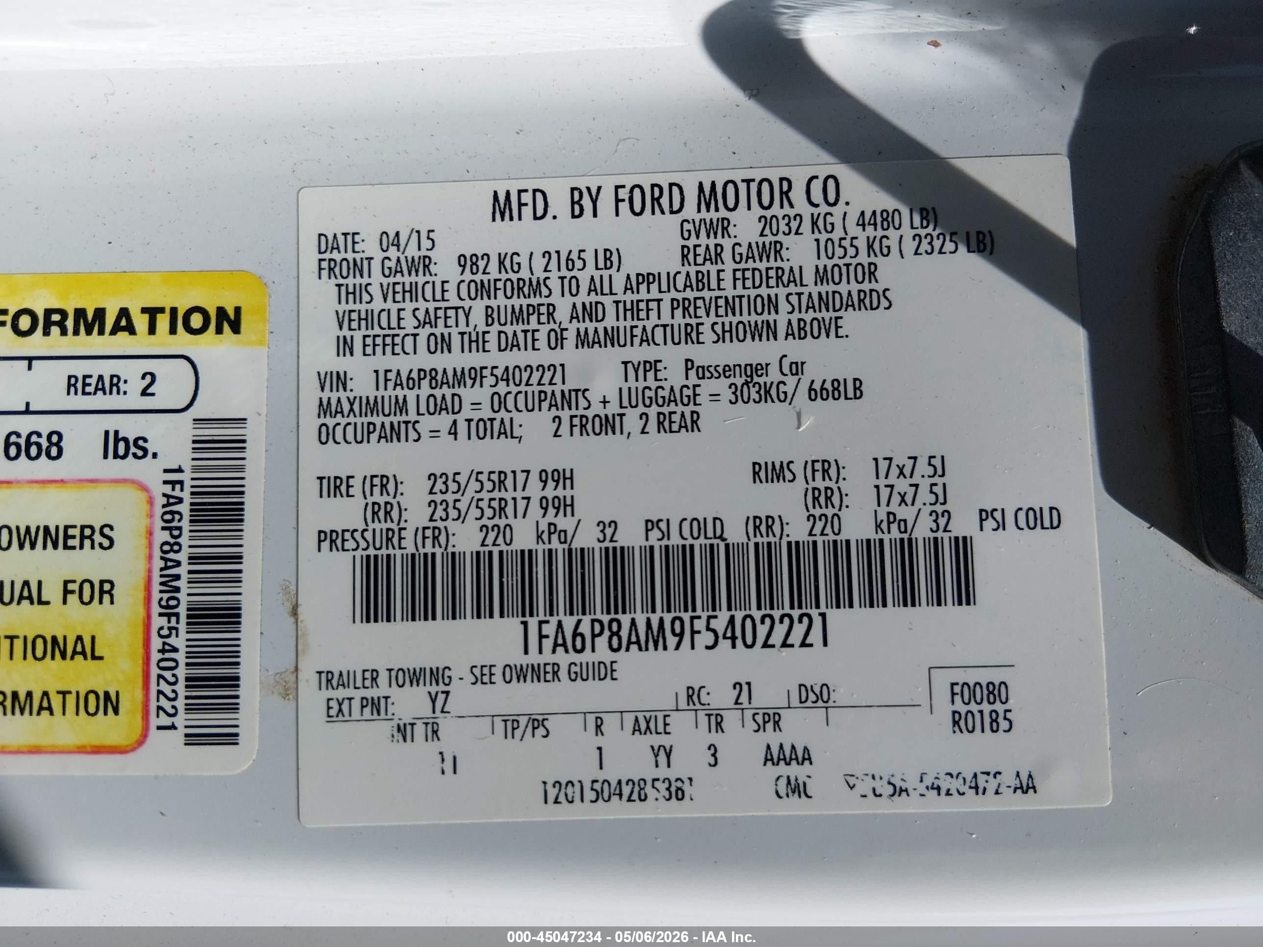 2015 Ford Mustang V6 White vin: 1FA6P8AM9F5402221