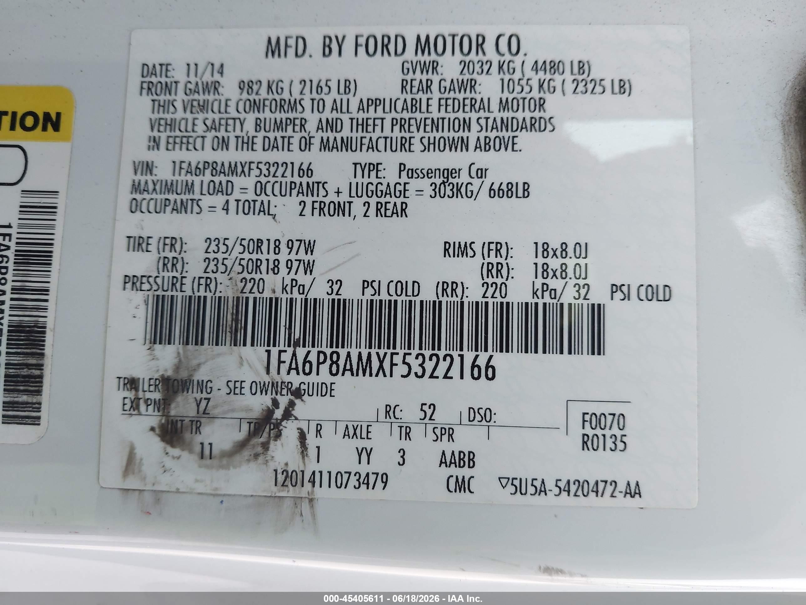 2015 Ford Mustang V6 White vin: 1FA6P8AMXF5322166