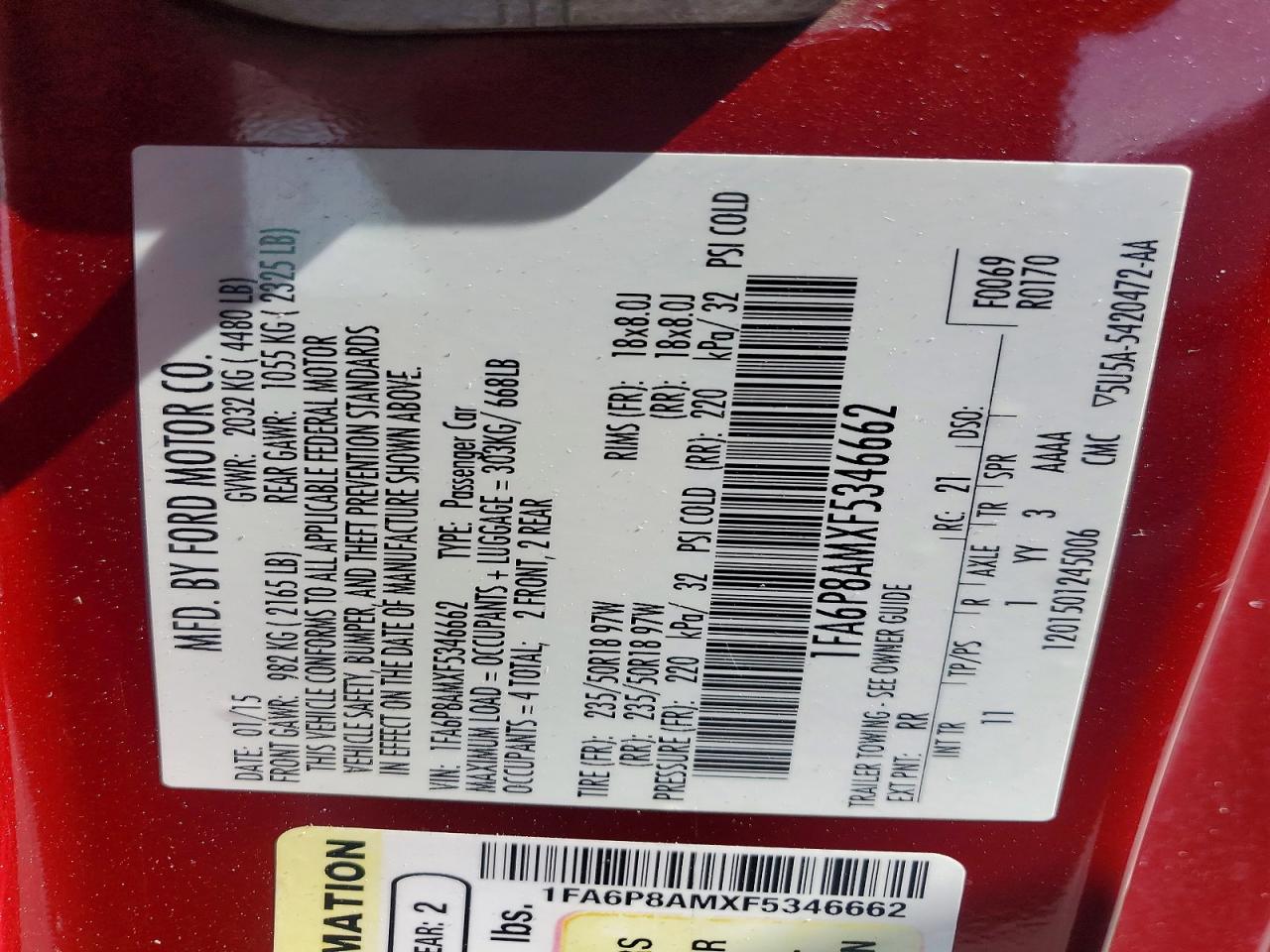 2015 Ford Mustang Red vin: 1FA6P8AMXF5346662