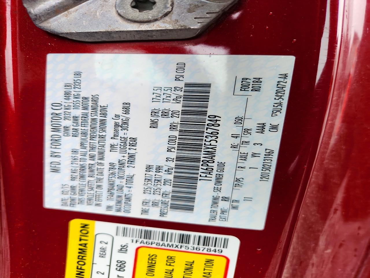 2015 Ford Mustang Red vin: 1FA6P8AMXF5367849