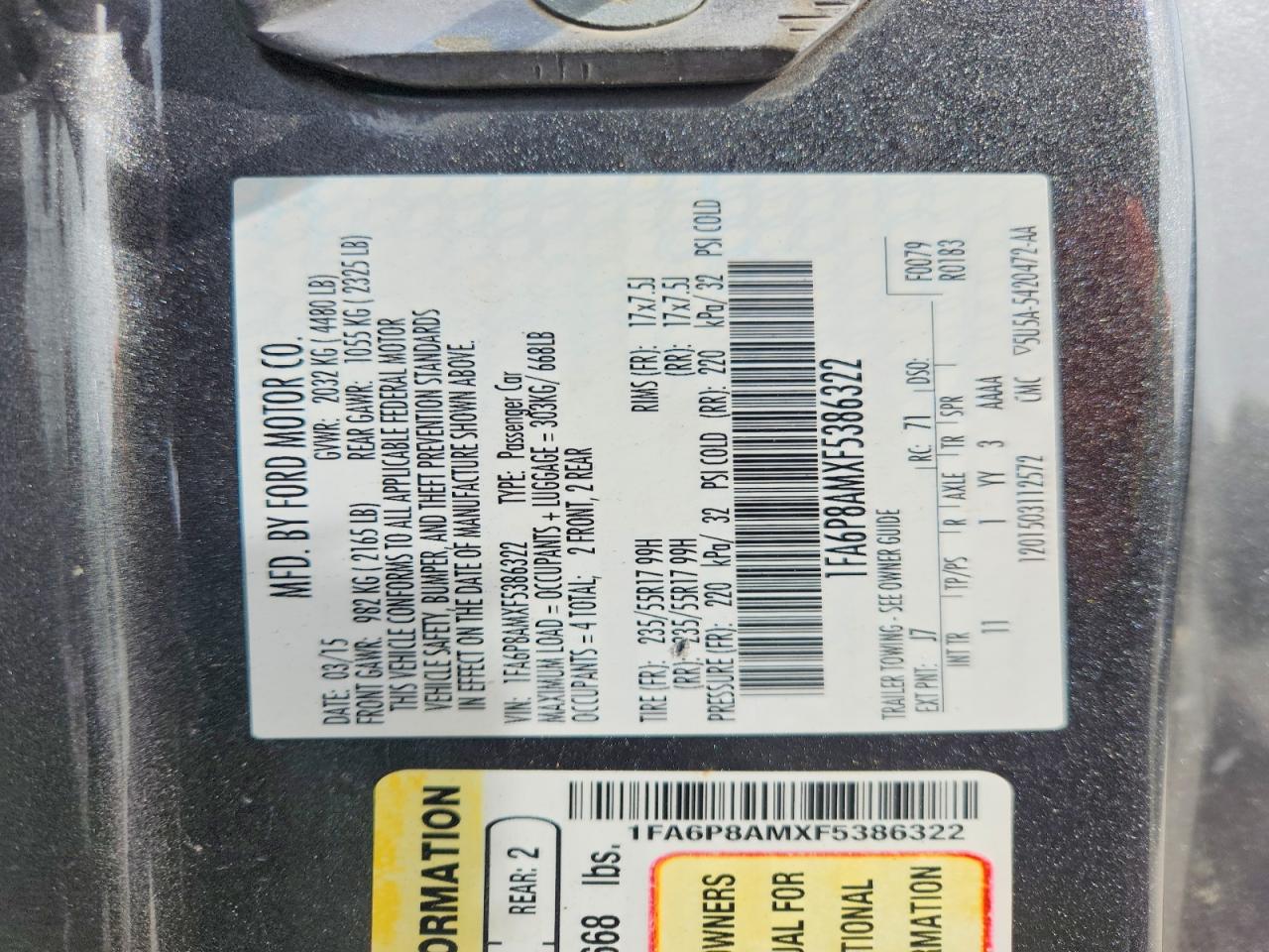 2015 Ford Mustang Gray vin: 1FA6P8AMXF5386322