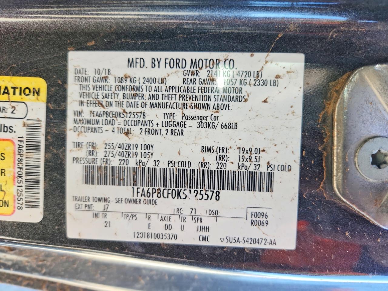 2019 Ford Mustang Gt Угольный vin: 1FA6P8CF0K5125578