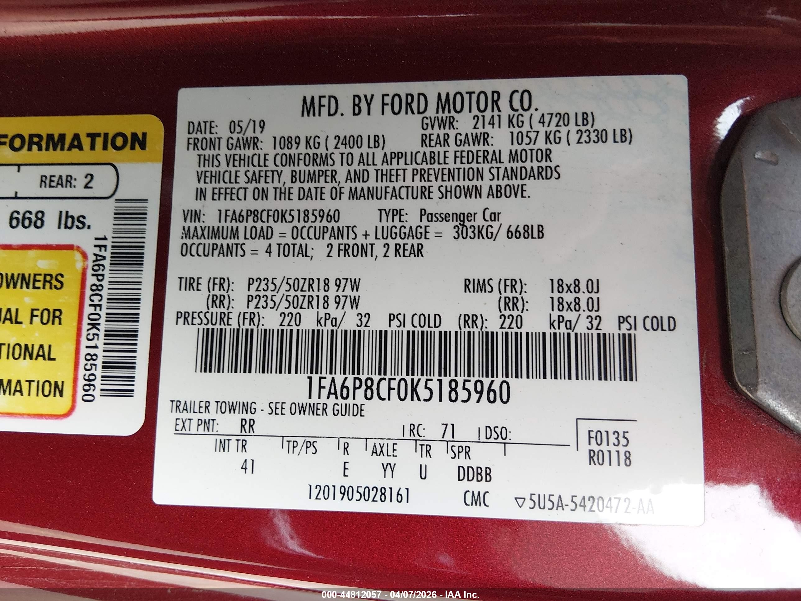 2019 Ford Mustang Gt Premium Red vin: 1FA6P8CF0K5185960