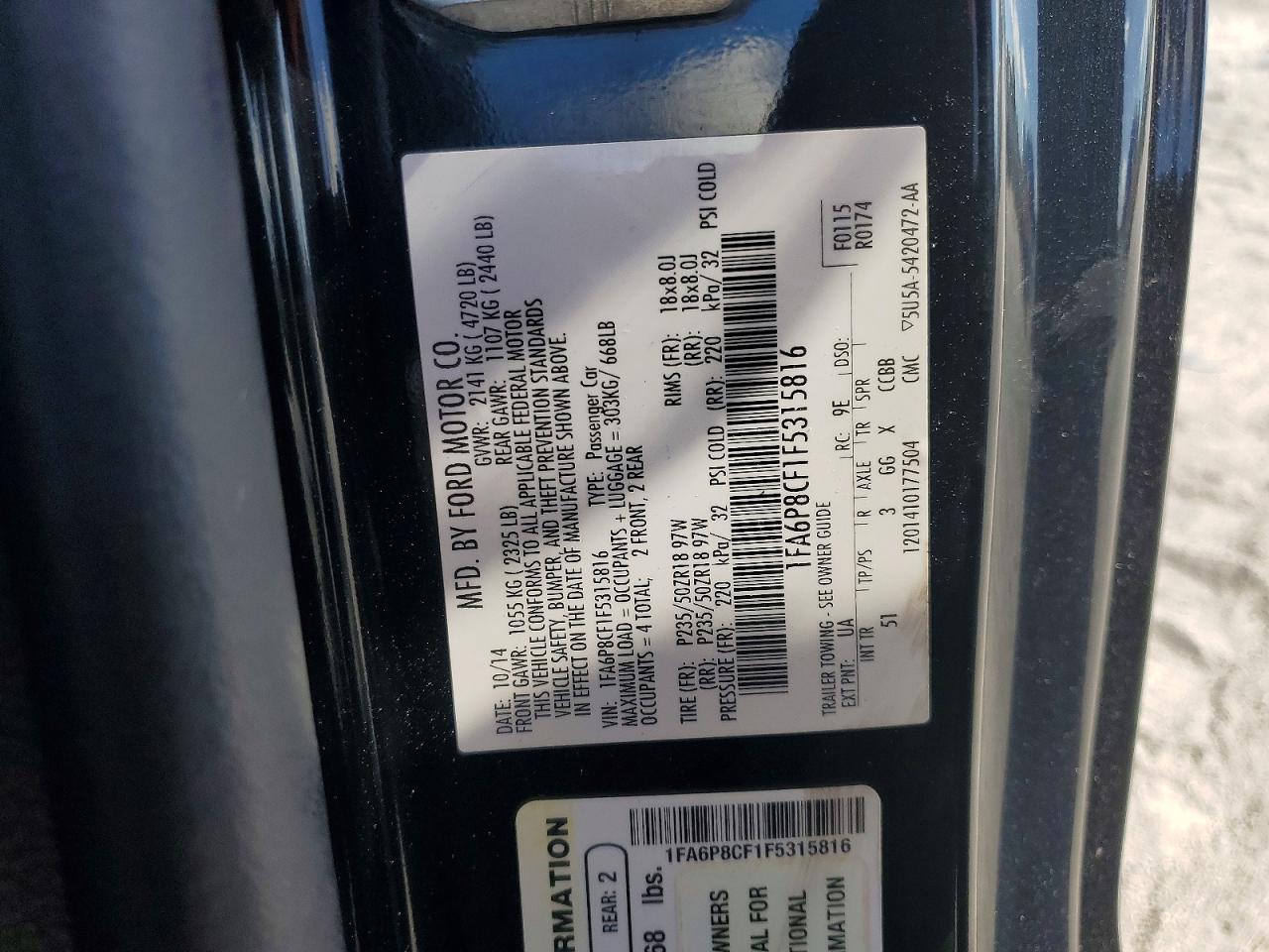 2015 Ford Mustang Gt Black vin: 1FA6P8CF1F5315816