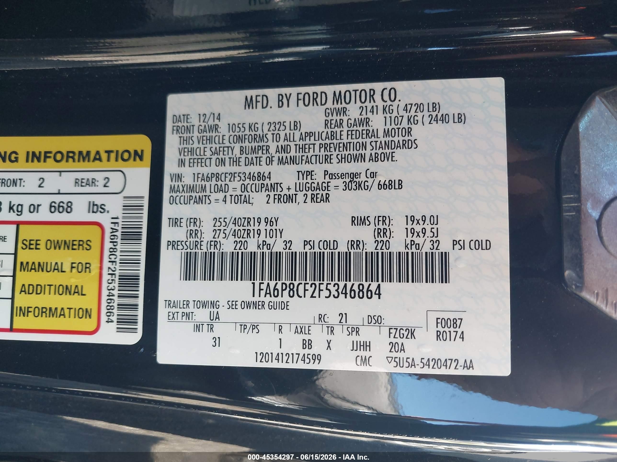 2015 Ford Mustang Gt Black vin: 1FA6P8CF2F5346864