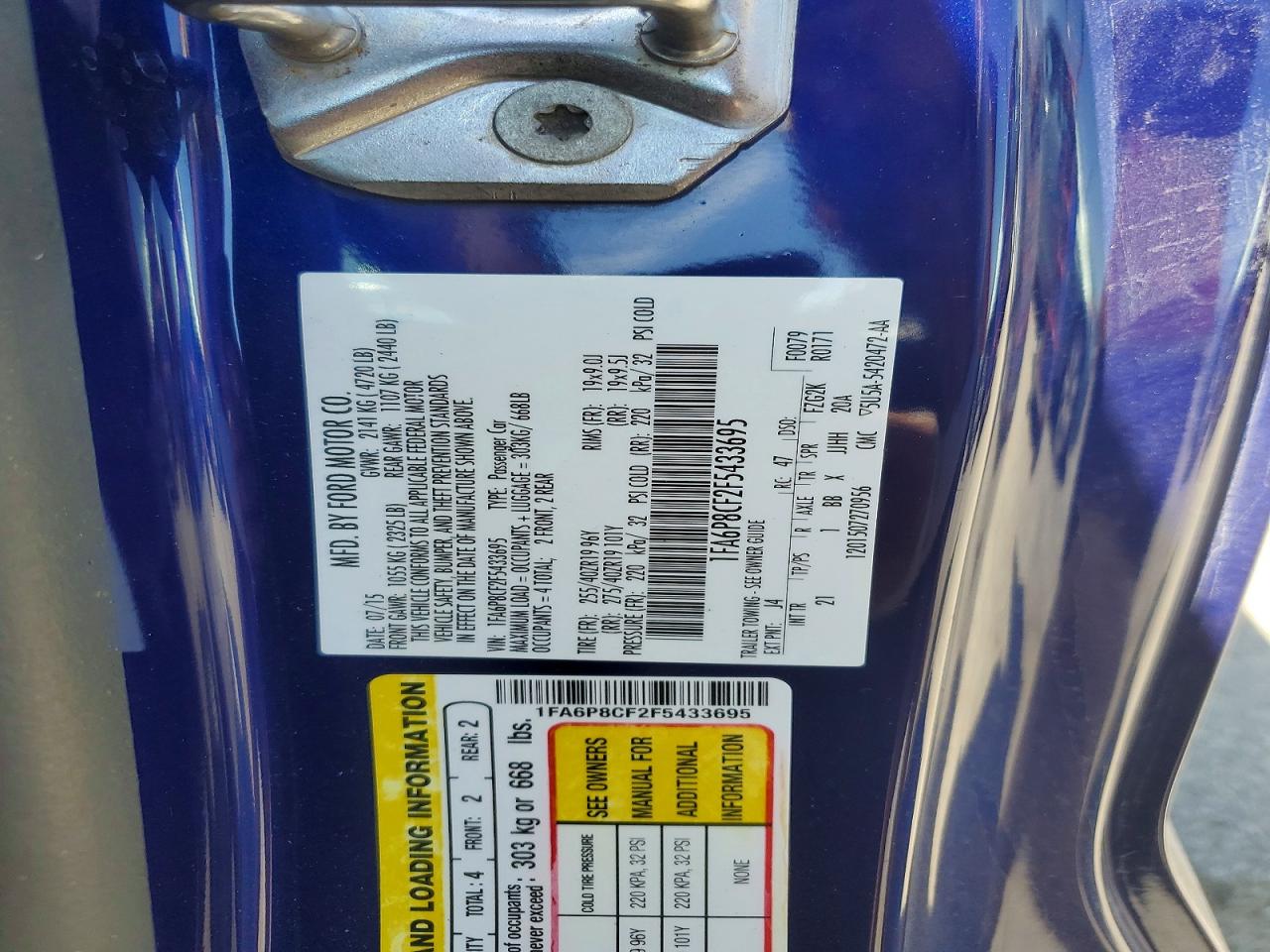 2015 Ford Mustang Синий vin: 1FA6P8CF2F5433695