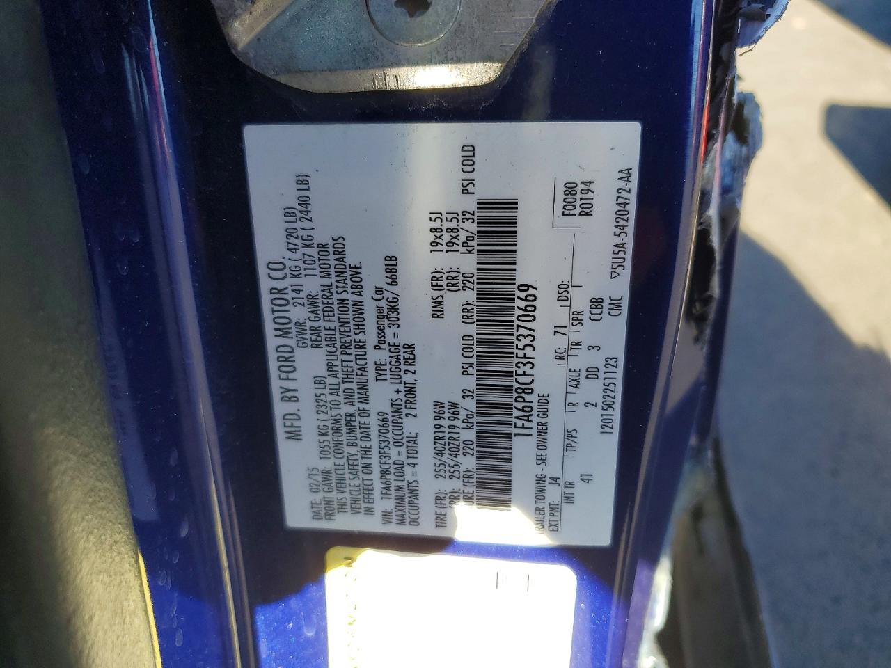 2015 Ford Mustang Gt Blue vin: 1FA6P8CF3F5370669