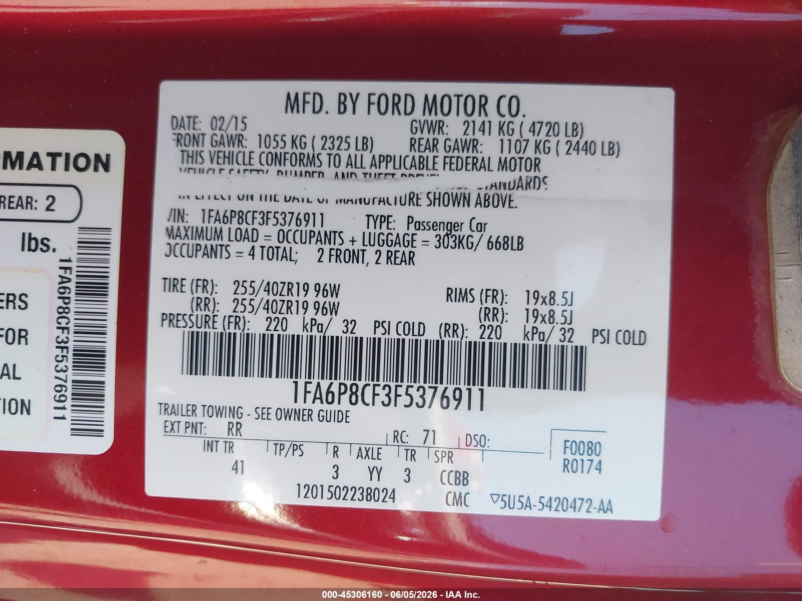 2015 Ford Mustang Gt Premium Red vin: 1FA6P8CF3F5376911