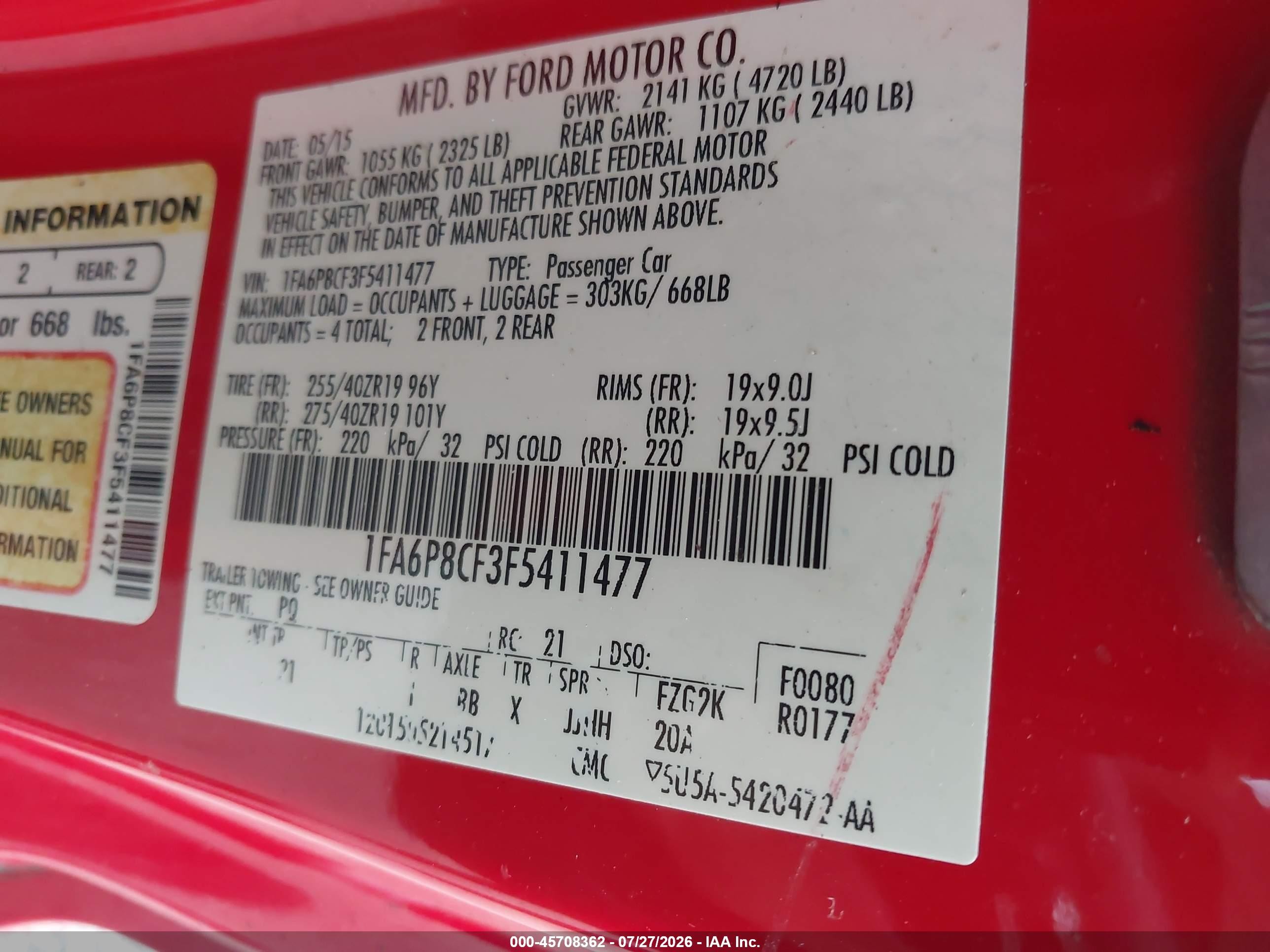 2015 Ford Mustang Gt/gt Premium Red vin: 1FA6P8CF3F5411477